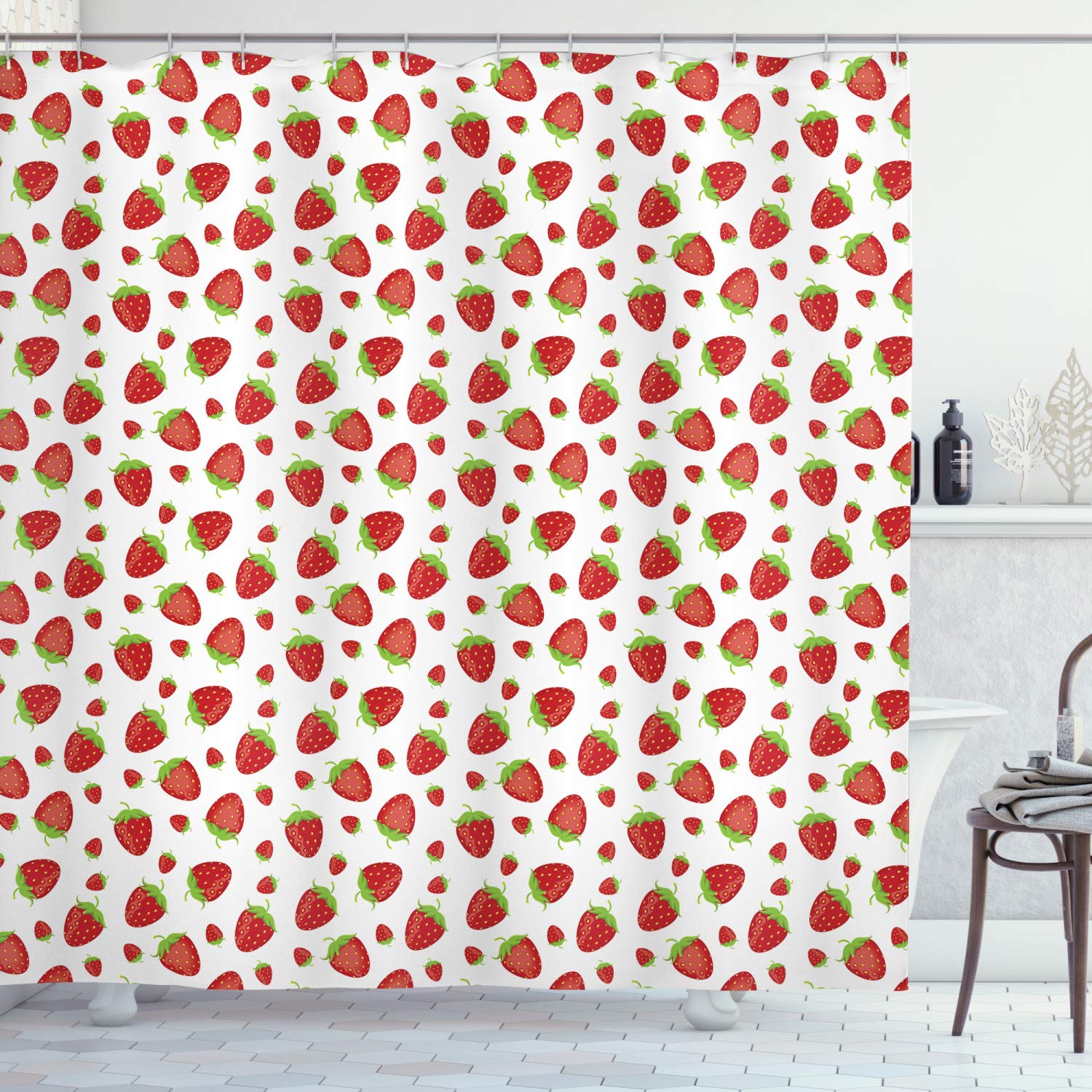 ABAKUHAUS Strawberry Shower Curtain, Tasty Strawberries in Different Sizes and Shapes Pattern, Cloth Fabric Bathroom Decor Set with Hooks, 70 Inches, Lime Green Vermilion