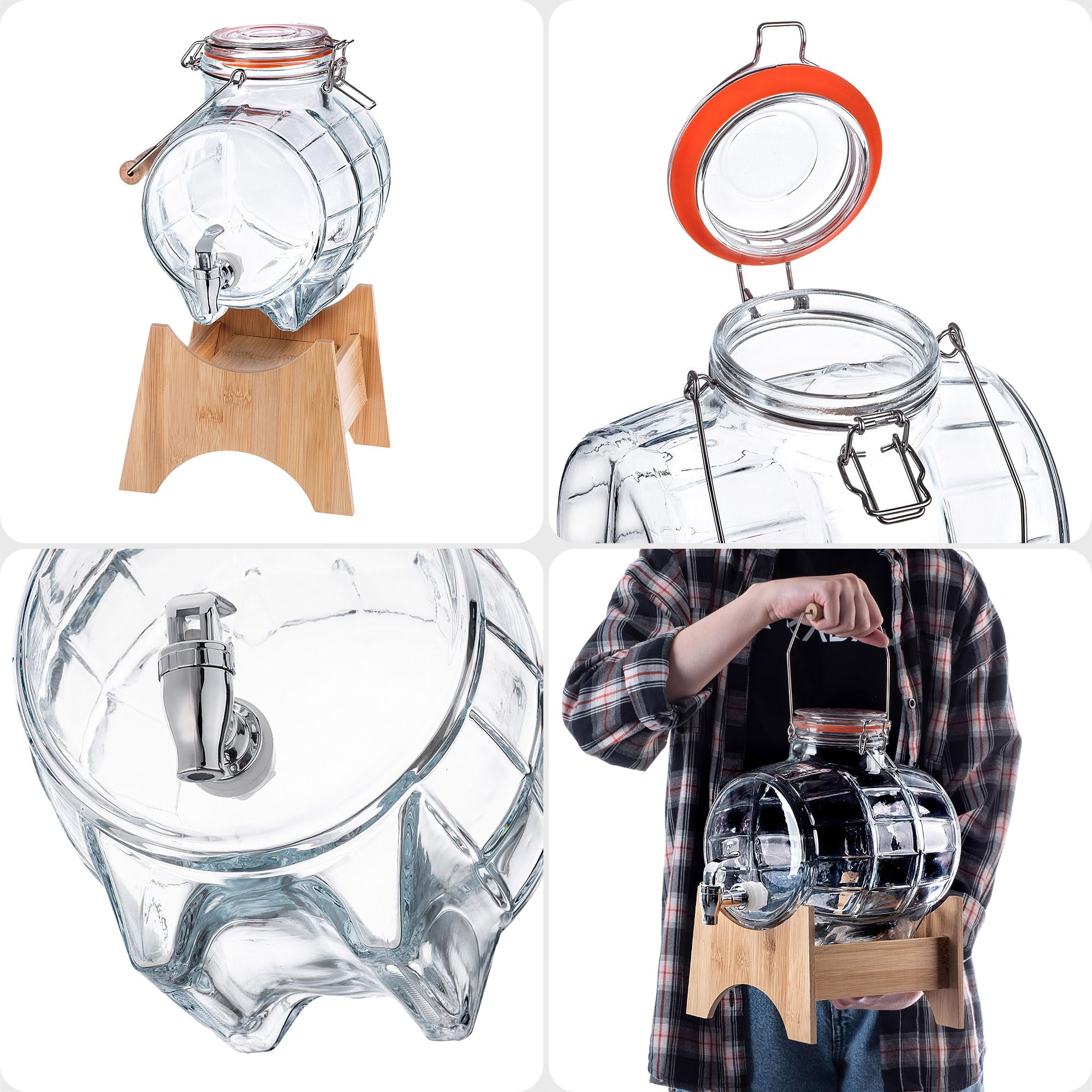 KADAX Barril de 5 litros con grifo y dispensador de bebidas transparente con base de madera