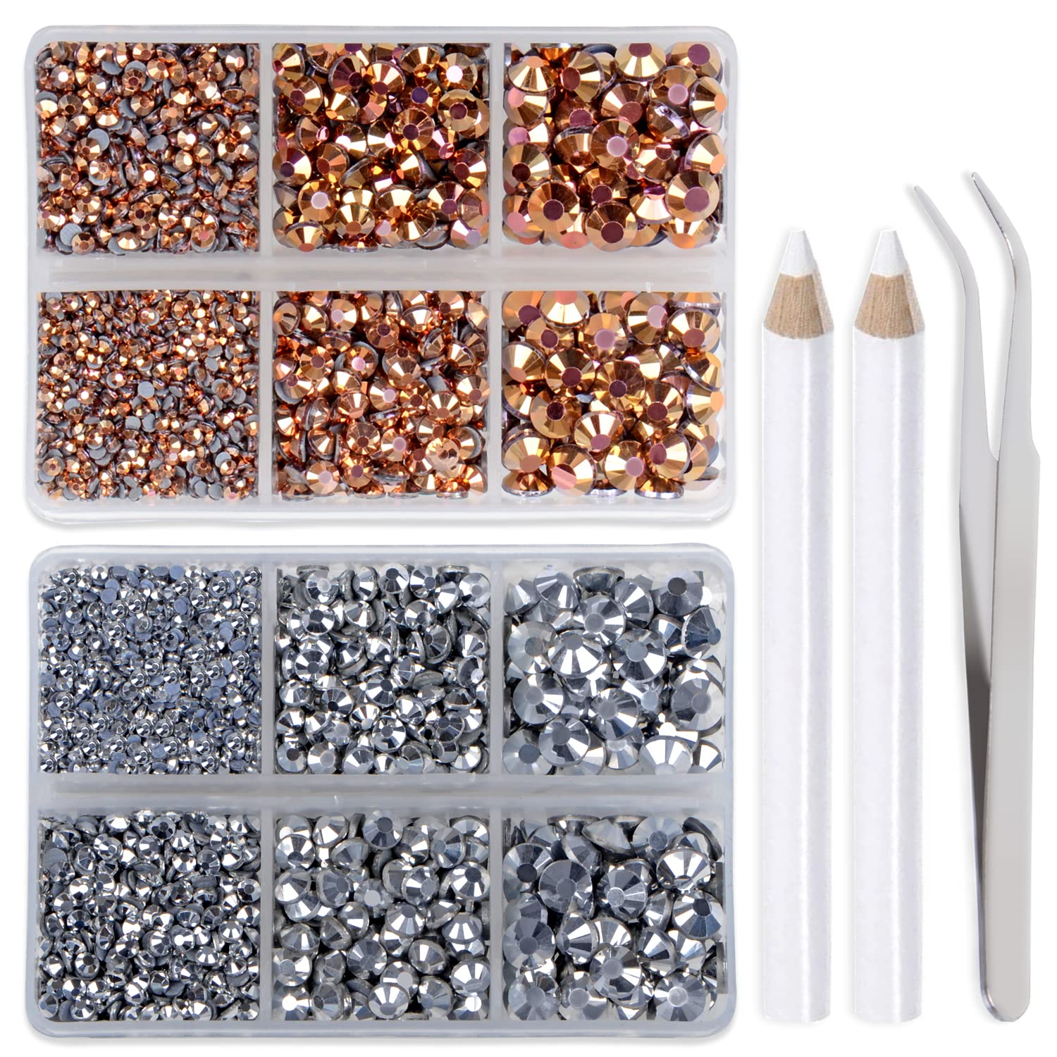 LPBeads 6400 Pieces Metallic Rose Gold and Metallic Silver Hotfix Rhinestones Flat Back 5 Mixed Sizes Crystal Round Glass Gems with Tweezers and