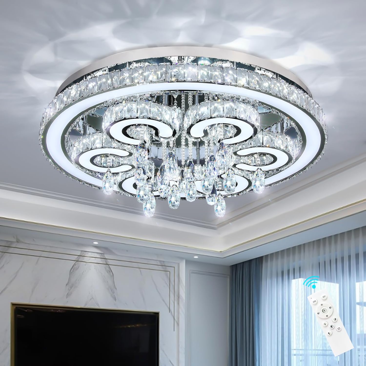 W32'' Modern Chandeliers for Living Room Crystal Flush Mount Ceiling Light for Dining Room Bedroom Large Chandeliers Interior Luxury Lighting Fixture LED Lights Dimmable 3000-6000K Hallway Foyer Light Silver 32 inch
