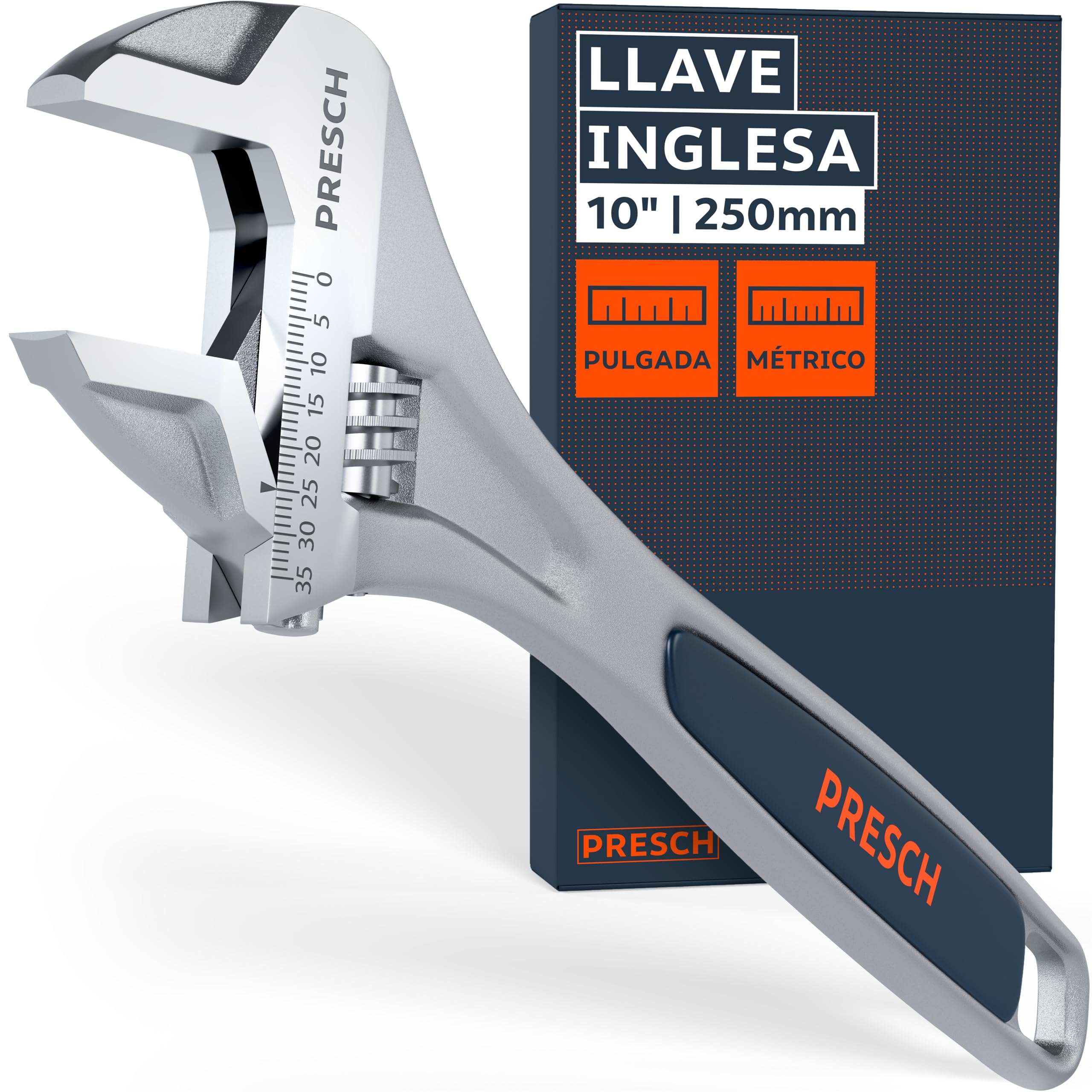 PRESCH Adjustable wrench 250 mm - Laser engraved scale 35 mm (metric and inches) - Precision milled for optimal grip - Robust wrench - High-end tool