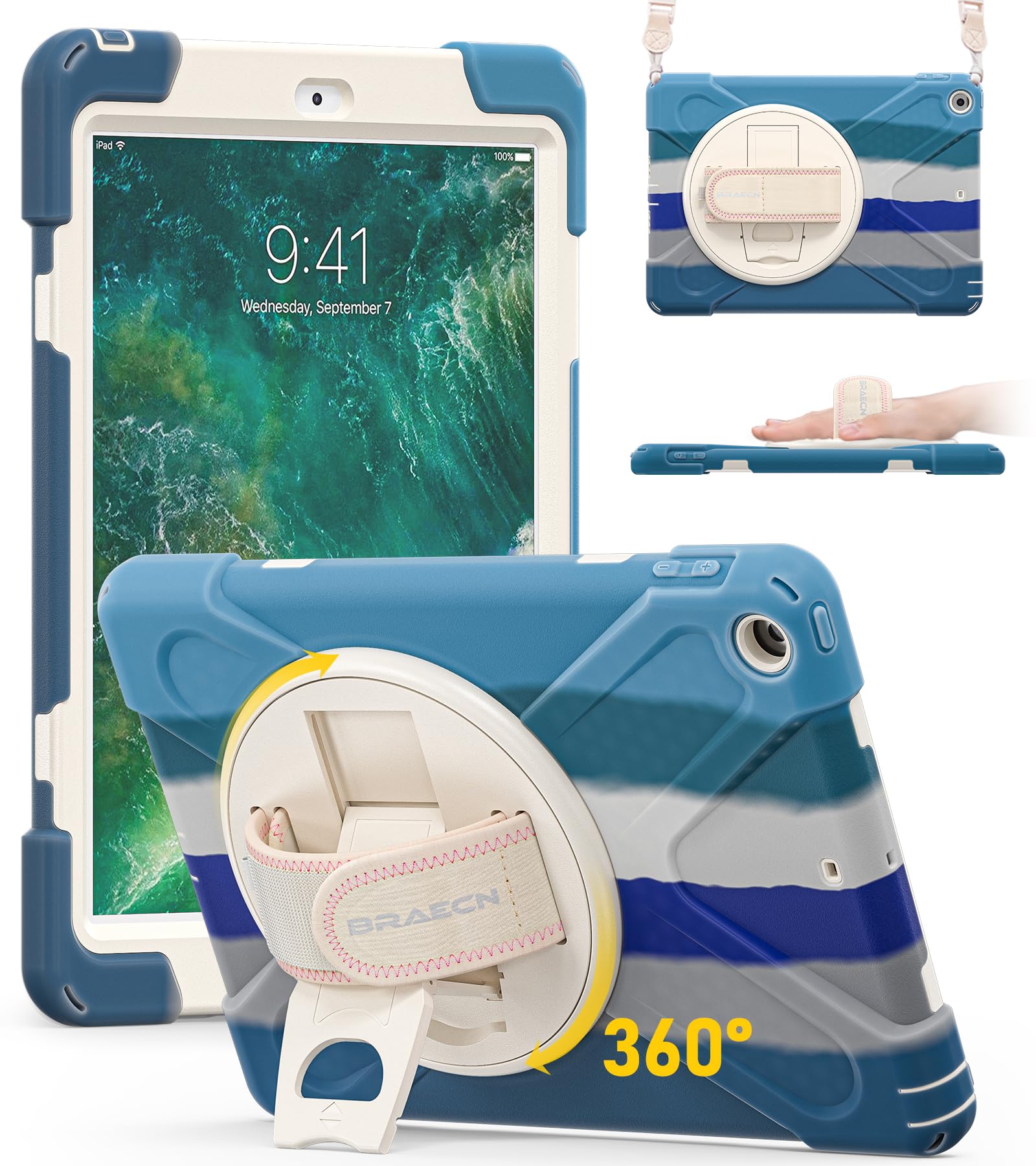 BRAECN - Custodia per iPad da 9,7", resistente e antiurto, con tracolla regolabile, supporto per Apple iPad 6th 5th 9,7", colore: Blu arcobaleno