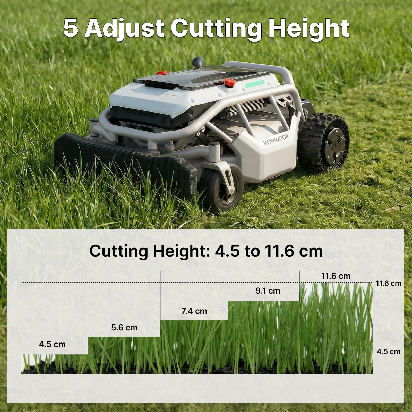 Mowrator S1 2WD 12Ah Ferngesteuerter Rasenmäher mit verformbaren Reifen, Steigungen bis 45% (24°), 53 cm Stahlmesser inkl. Schneid- & Mulchmesser, Schnitthöhe 4,5–11,6 cm, bis zu 3.000 m² Fläche