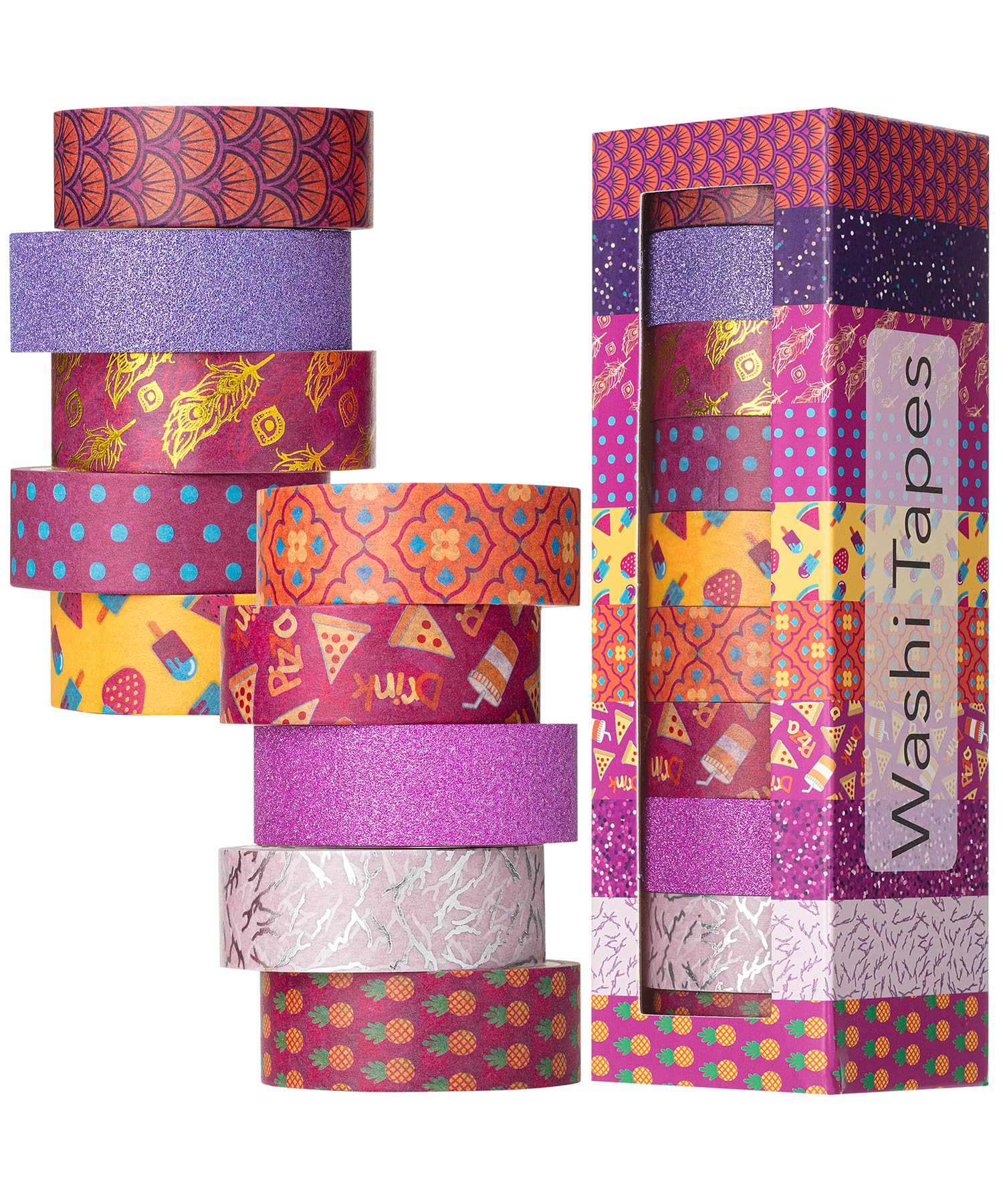 Mr. Pen- Washi Tape Set, 10 Rolls, 15mm Wide, 5 Yards/Roll, Summer Fiesta Design (Glitter, Silver & Gold Foil), Washi Tape for Journaling