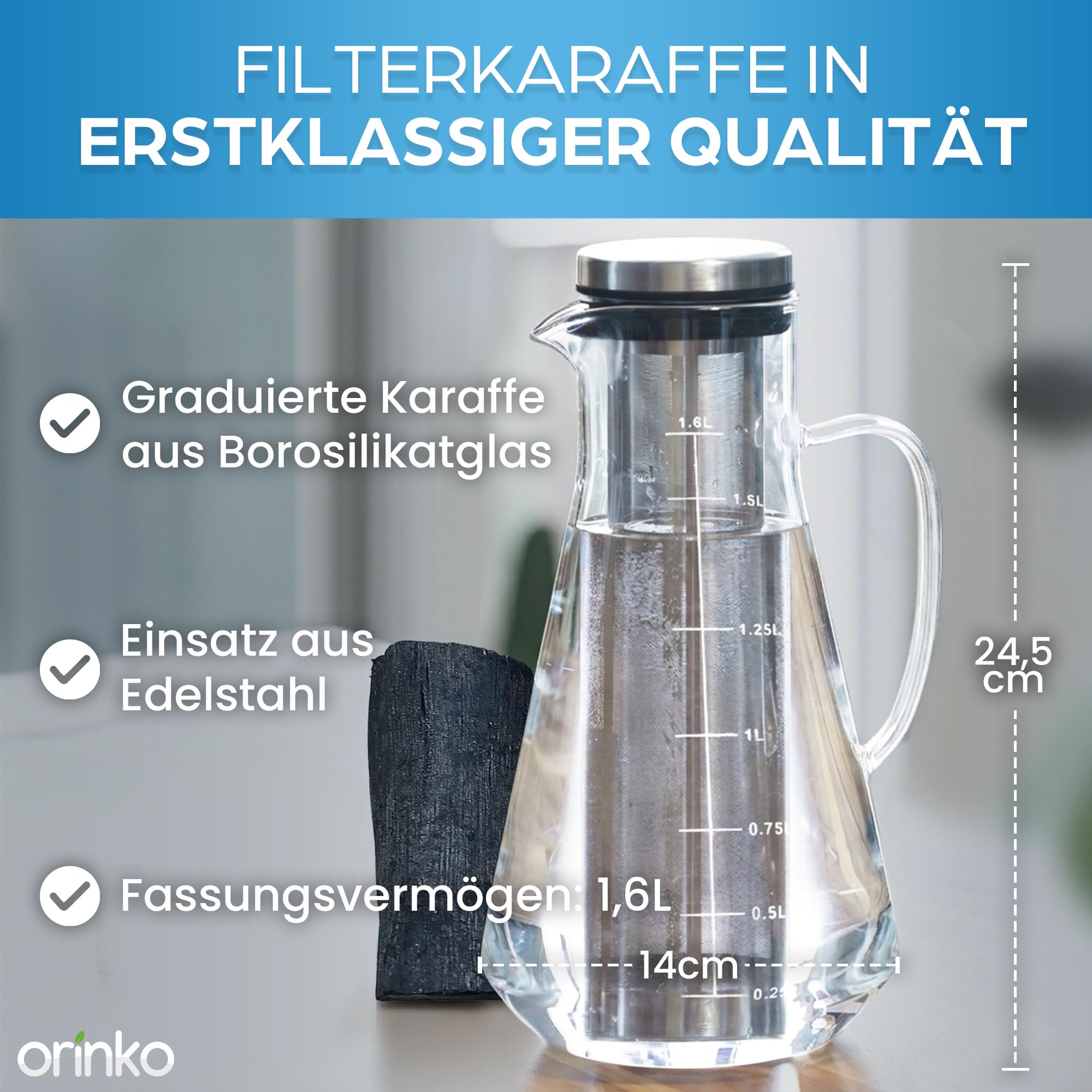ORINKO® 1,6L Glaskaraffe mit Binchotan Aktivkohle Wasserfilter - Karaffe mit Fruchteinsatz für Erfrischende Getränke - Umweltfreundlicher Wasserfilter für Gesunde Hydration