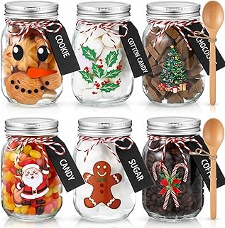 Vesici 6 Set Christmas Hot Chocolate Bar Supplies 17 oz Glass Mason Jars Wooden Spoons Black Wooden Labels Tags Red White Rope Christmas Cocoa Accessories DIY Gift Set Party Favors