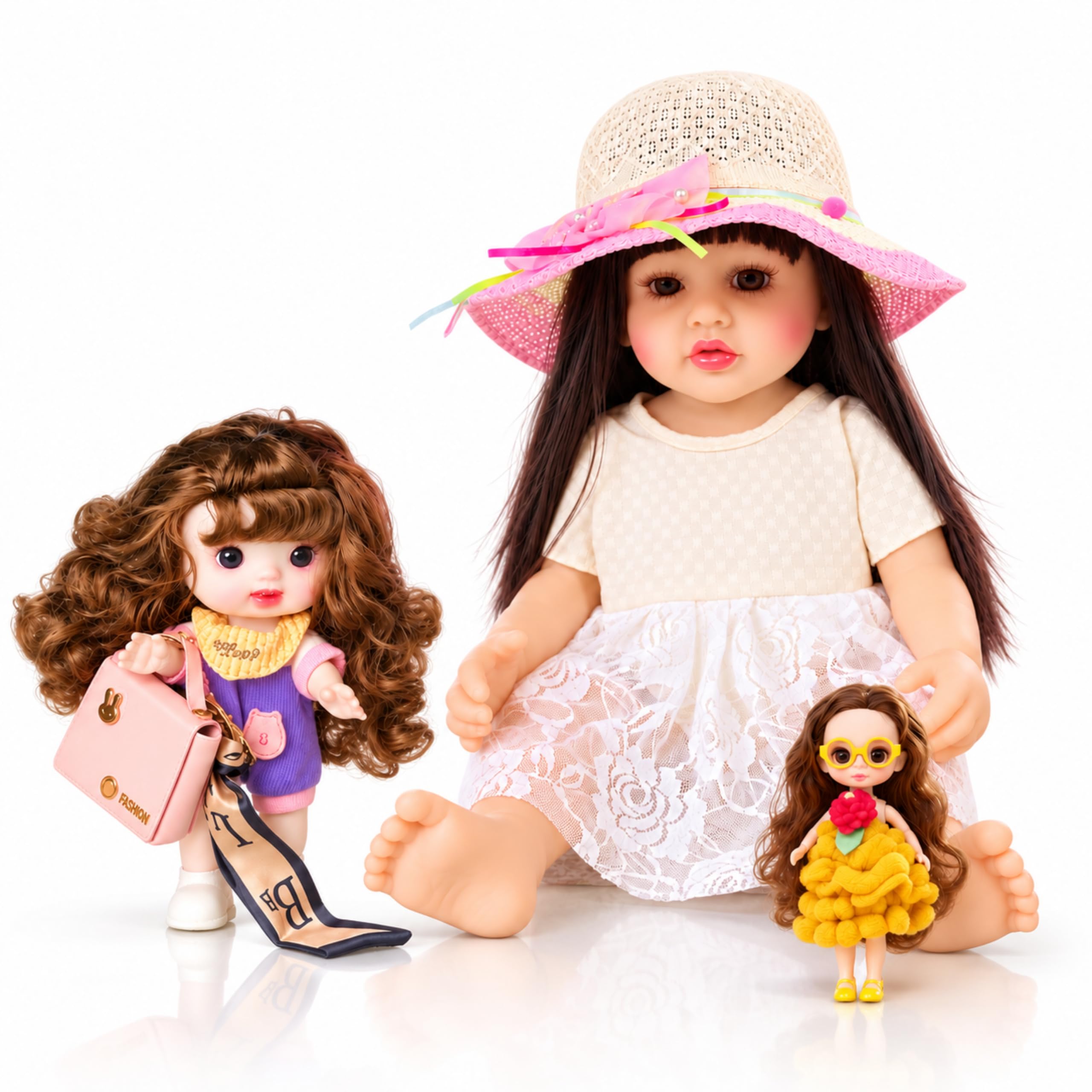 silicone reborn baby doll set with mermaid toy & musical light monster toy, 53cm realistic doll with accessories, interactive kids gift combo for girls & toddlers (silicone doll - off white)