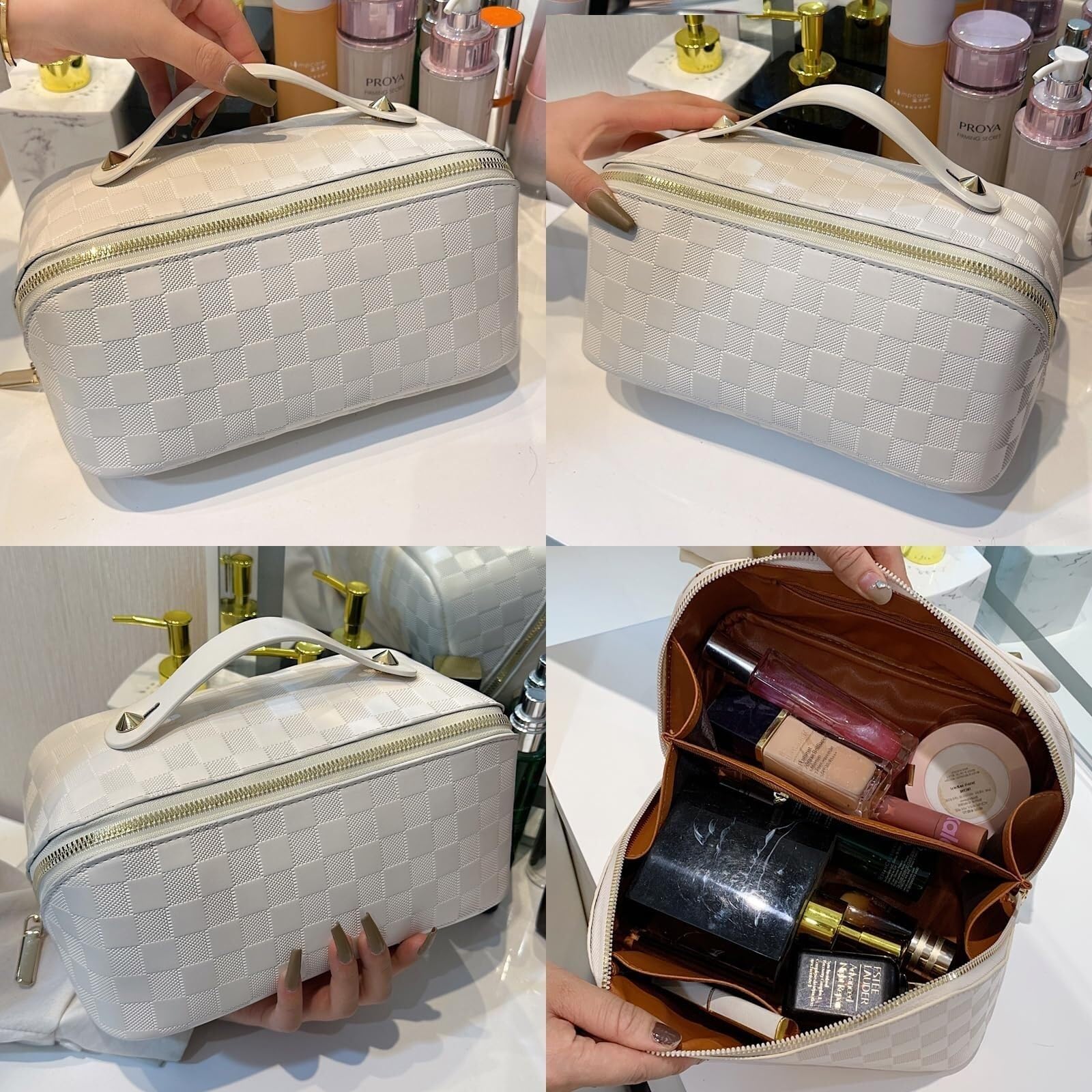 Kosmetiktasche Damen Kosmetiktasche Damen PU-Leder Kosmetiktasche Reise-Kulturbeutel mit Grifffach Kulturbeutel(White)