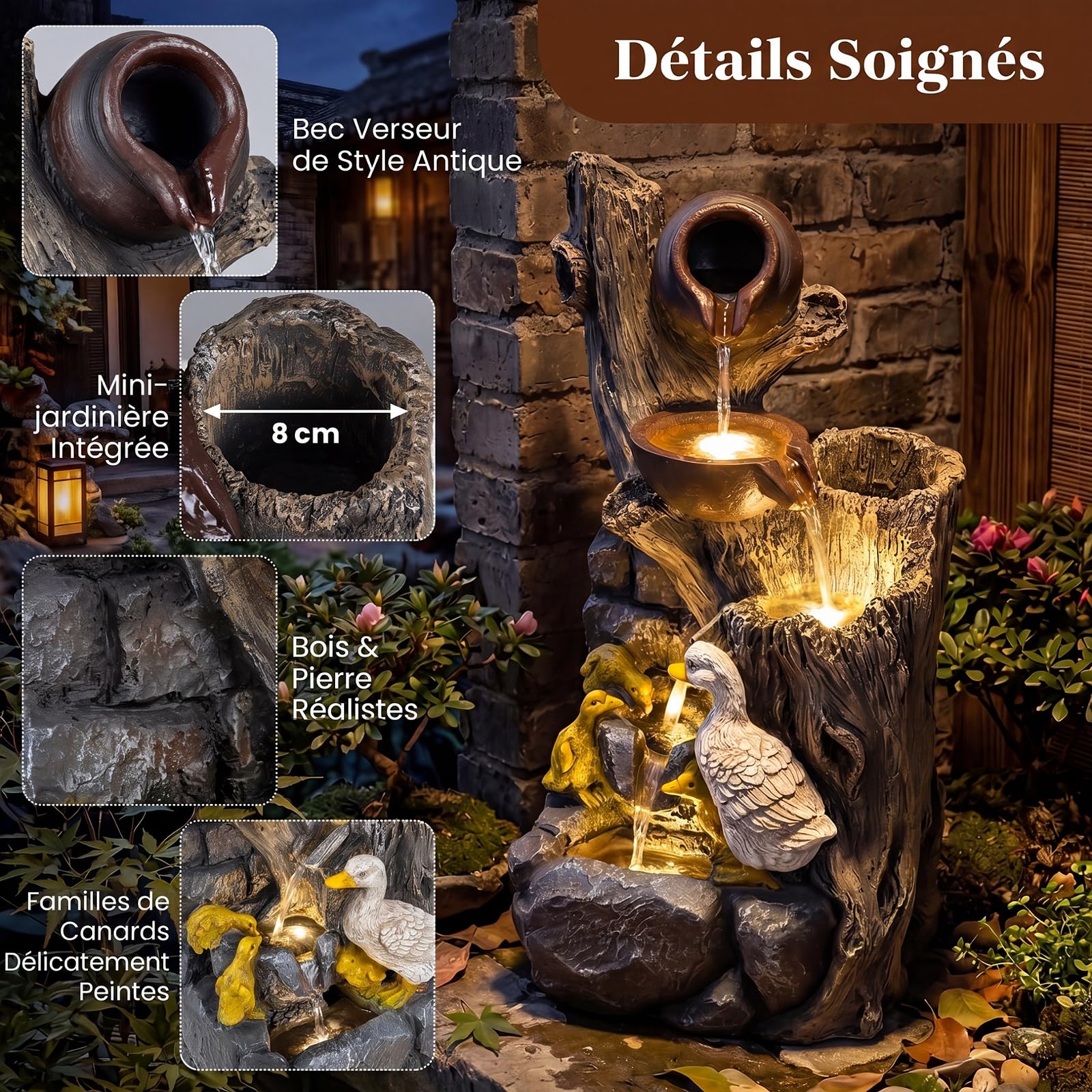 COSTWAY Fontaine de Jardin avec Éclairage LED et Cascade Aspect Pierre