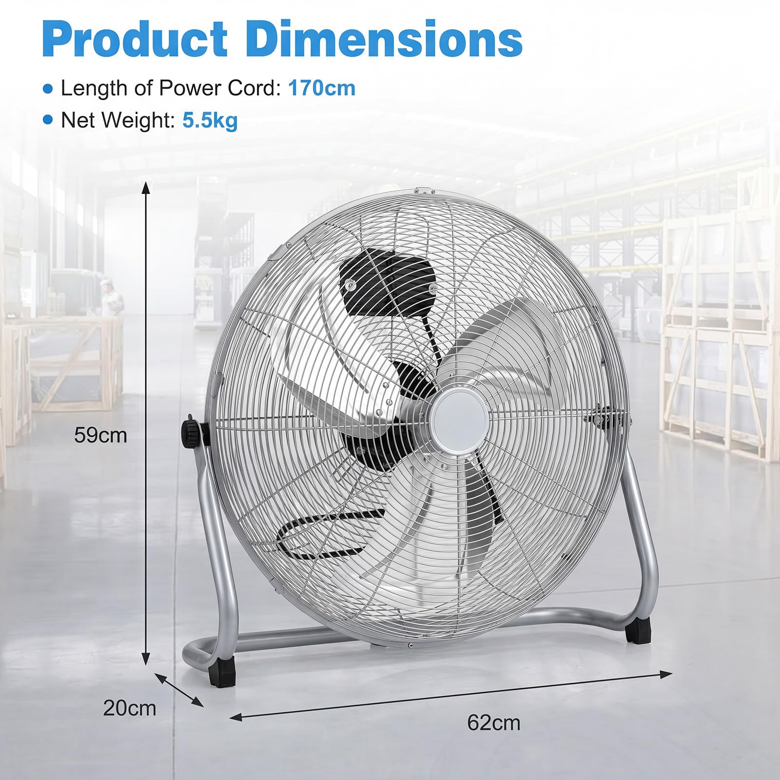 GYMAX Ventilador de Suelo, 160W φ57 cm Ventilador Industrial con 3 Velocidades, Inclinación Ajustable de 145°, Motor Potente, Aspas Metálicas, Alcance 6,5 m, Fan Silencioso de Metal para Garaje Taller