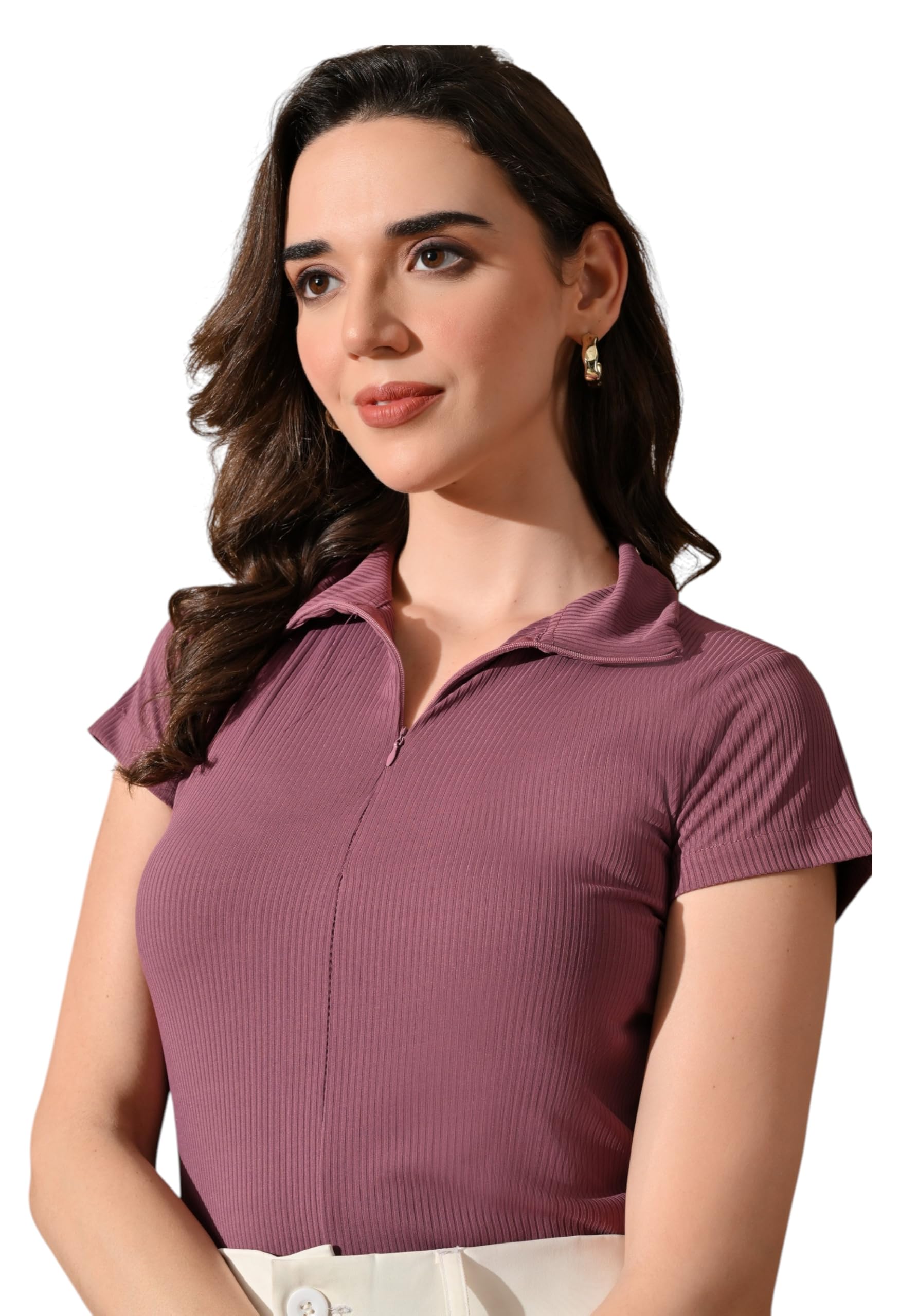 Women's Ribbed Knit Quarter-Zip Polo Top ? Short Sleeve Curved Hem Slim Fit Shirt for Casual & Athletic Wear-picture-45