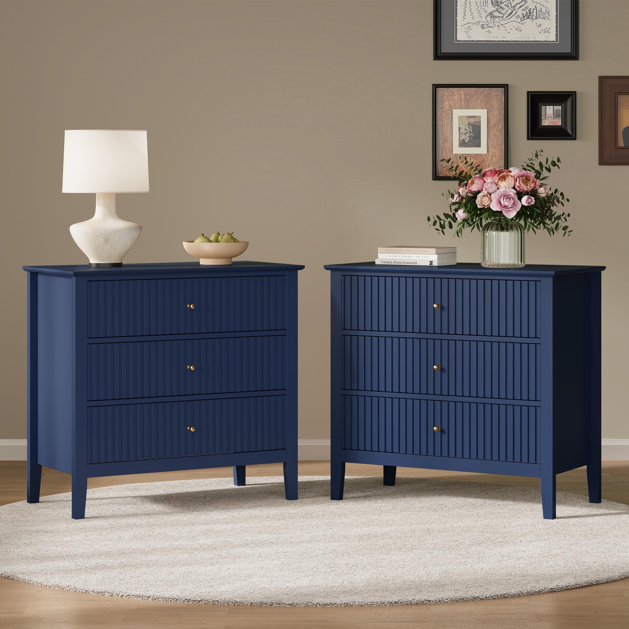 RoyalCraft 32" Large Nightstand Set of 2, Fluted Painted Bedside Table with 3 Spacious Drawers, Modern Tall End Table for Bedroom, Blue