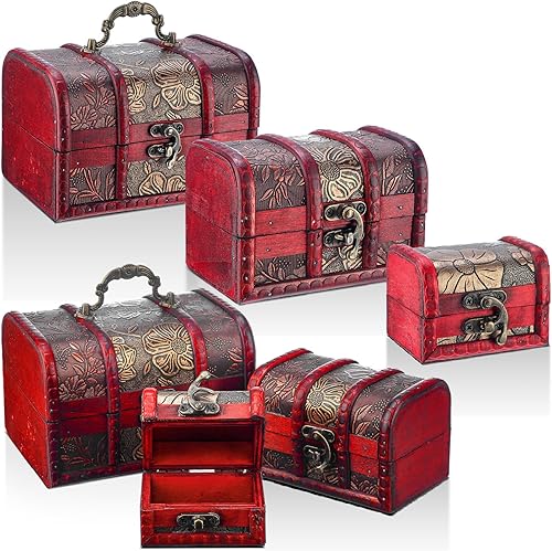 6 piezas de caja de madera del tesoro del tesoro, caja del cofre del tesoro pirata con mini cerradura de metal decorativa para joyas recuerdos