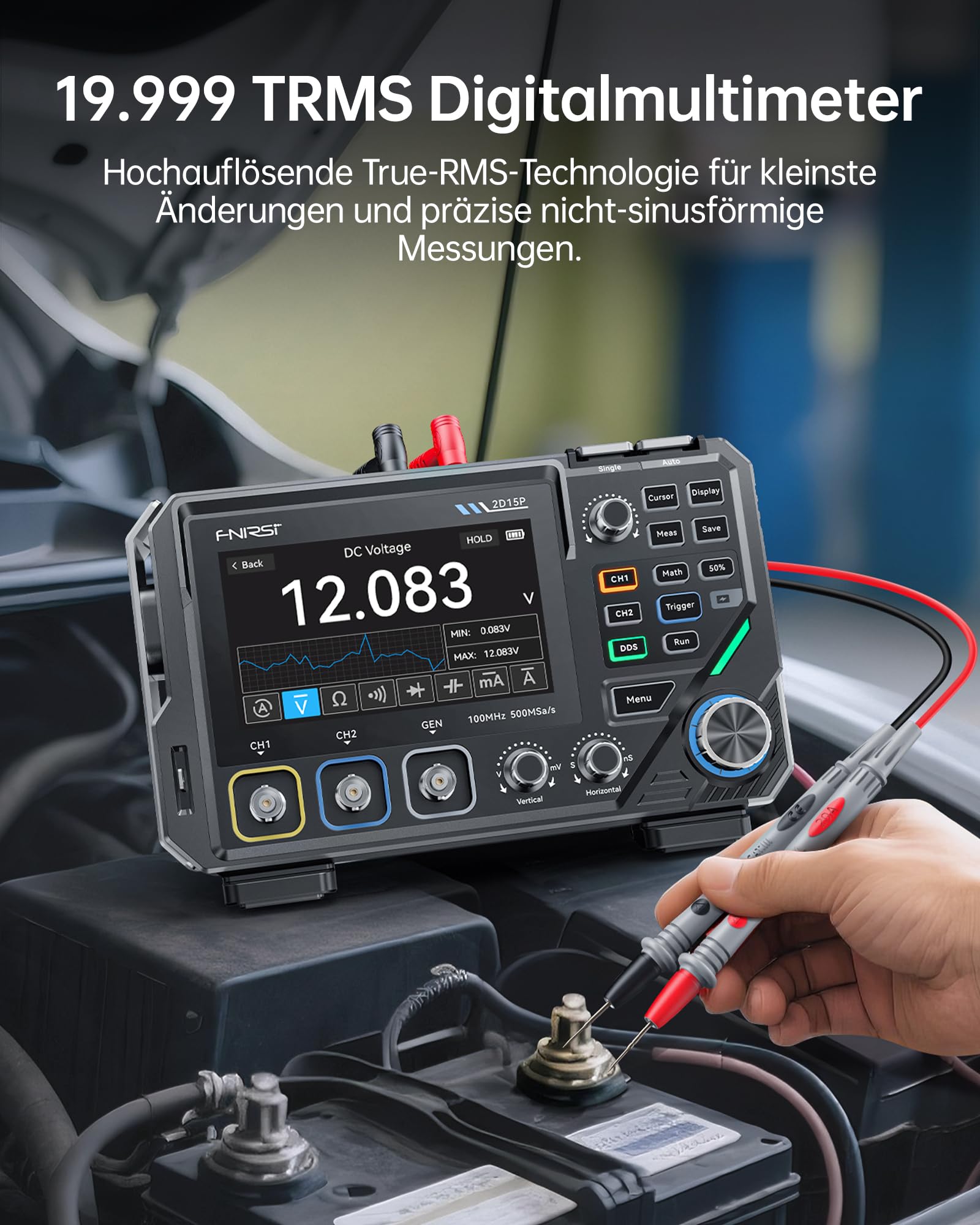 FNIRSI 2D15P 100MHz Digitales Oszilloskop Multimeter DDS-Signalgenerator 3 in 1, 2CH Oszilloskop Multimeter für die Automobilindustrie 19.999 TRMS-Zählwerte, 500MS/s Abtastrate, 4,3 Zoll Touchscreen