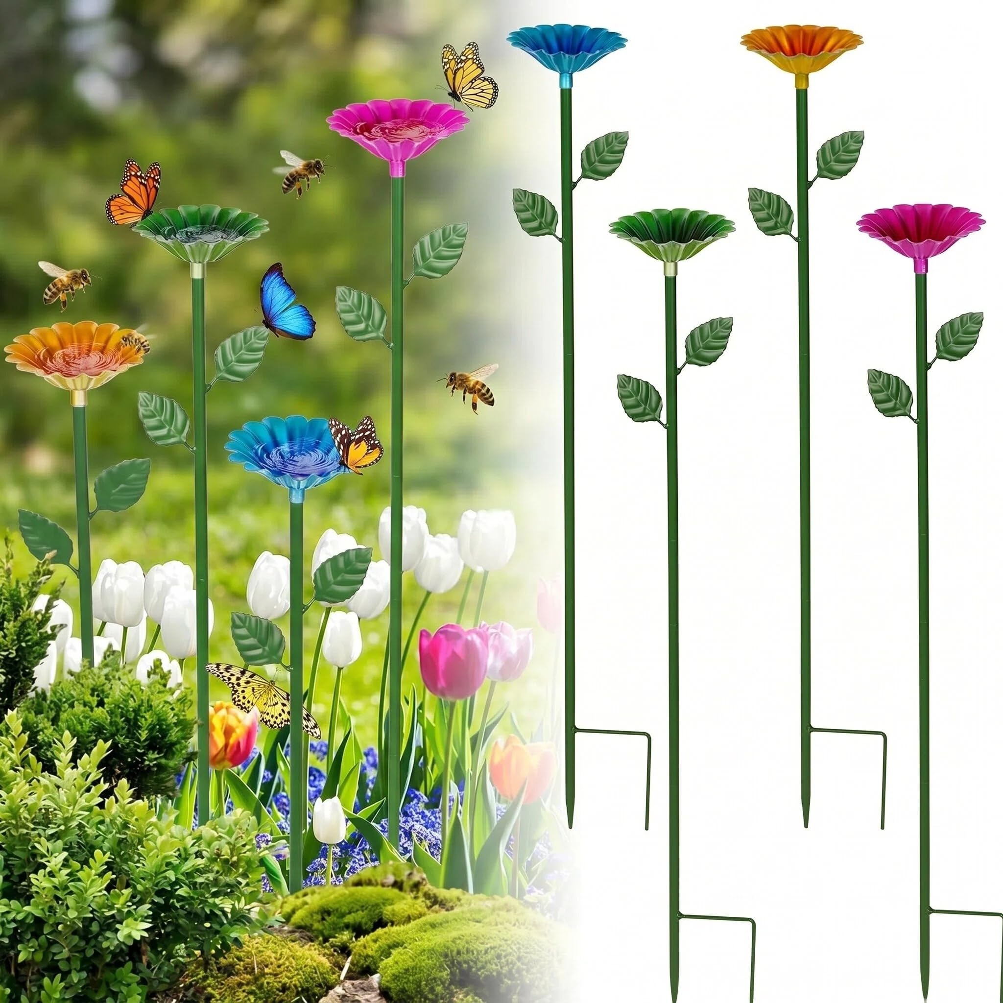 Satiskid 4Pcs Bee Watering Station, Metal Butterfly Hummingbird Feeder, Insect Drinking Cups, Decorative Garden Water Station for Patio, Lawn & Yard (Multicolor)