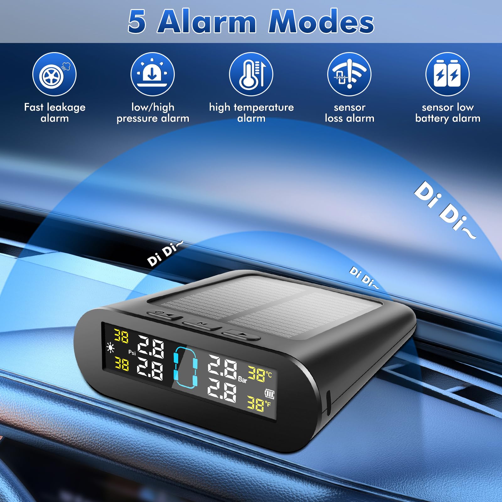 TPMS Sistema di monitoraggio della Pressione degli Pneumatici Solare Senza Fili e con Doppia Ricarica USB 5 modalità di Allarme 4 sensori Pressione Pneumatici, per Caravan Auto 0-3,5Bar Gamma