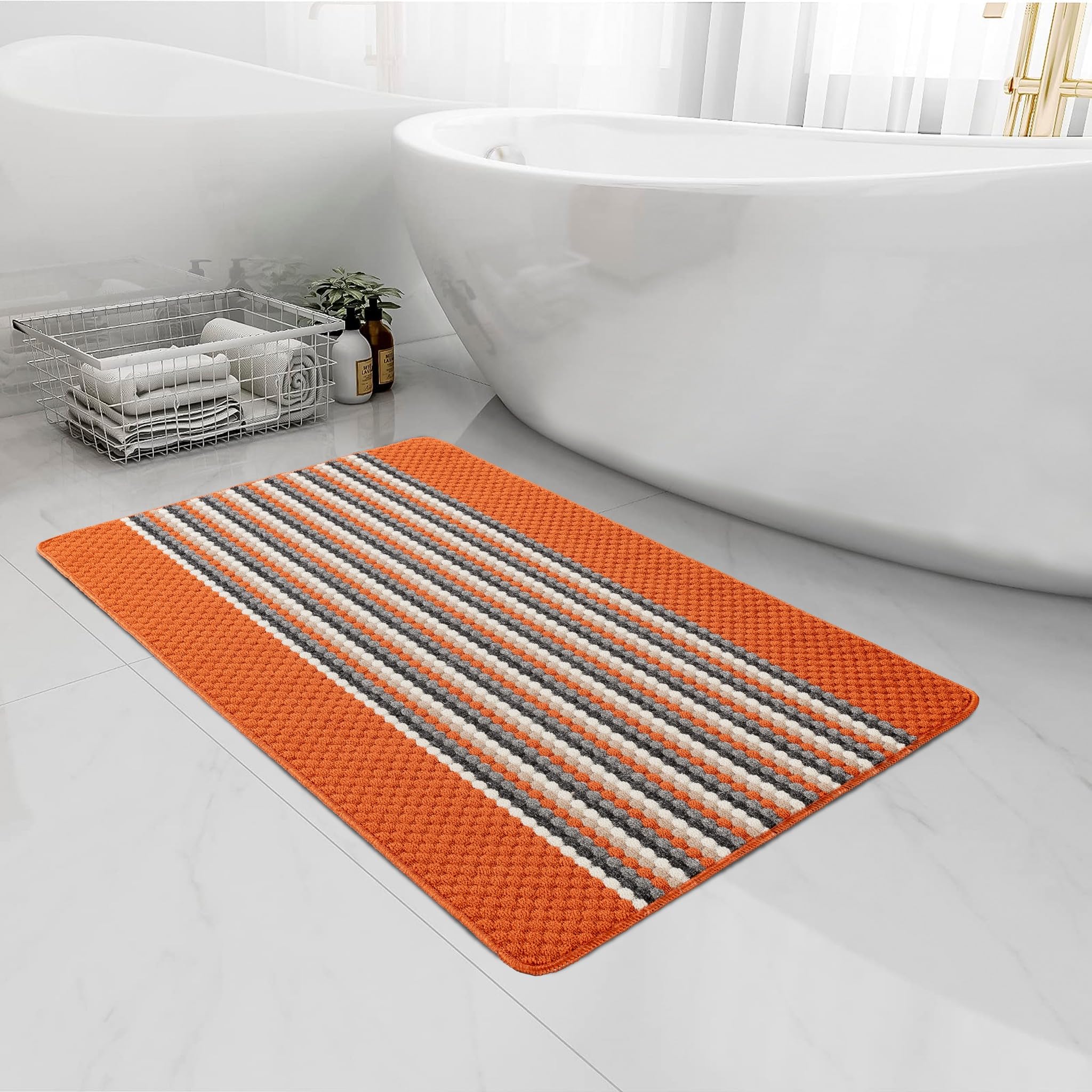 RUGS SUPERSTORE Orange Striped Mat, Non-Slip Kitchen Runner Washable, Modern Design Rug (67x120cm)