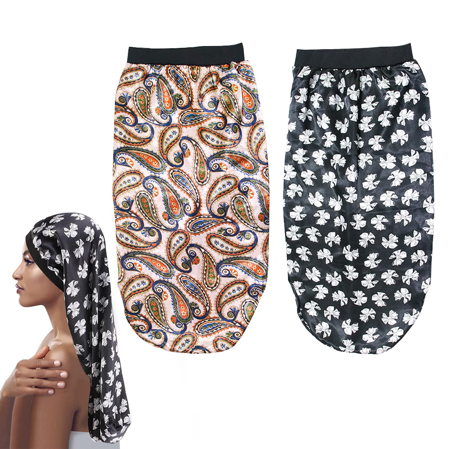 Gorro Largo de Satén,SUPRROW Gorro Saten Pelo Rizado Gorro de Noche Cómodo con Diadema de Satén Suave para la Noche para Protección del Cabello