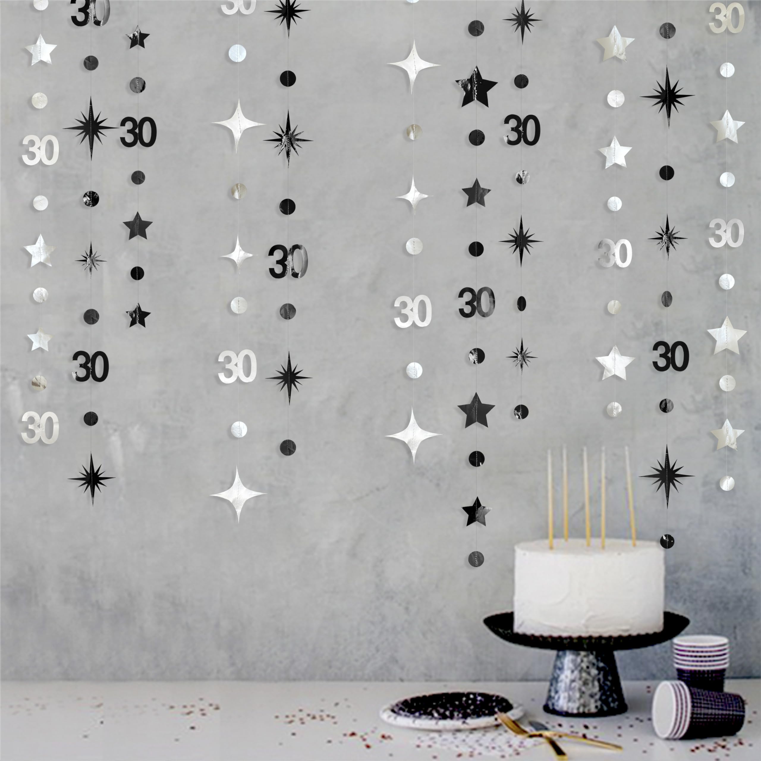 Silber-schwarze Dekoration zum 30. Geburtstag, Zahl 30, Kreis, Punkte, funkelnde Sterne, Girlande, metallische Luftschlangen, Wimpelkette, Banner Hintergrund für Herren und Damen, Happy Dirty 30 Jahre