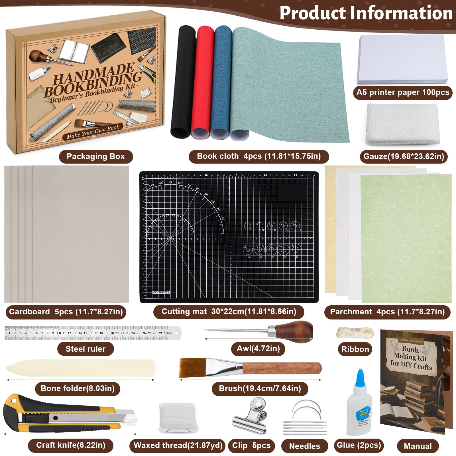 Jupean Kits de encuadernación de libros, materiales de encuadernación de libros con cartón A4, kit de fabricación de libros de tela de 4 colores, suministros de encuadernación con instrucciones y