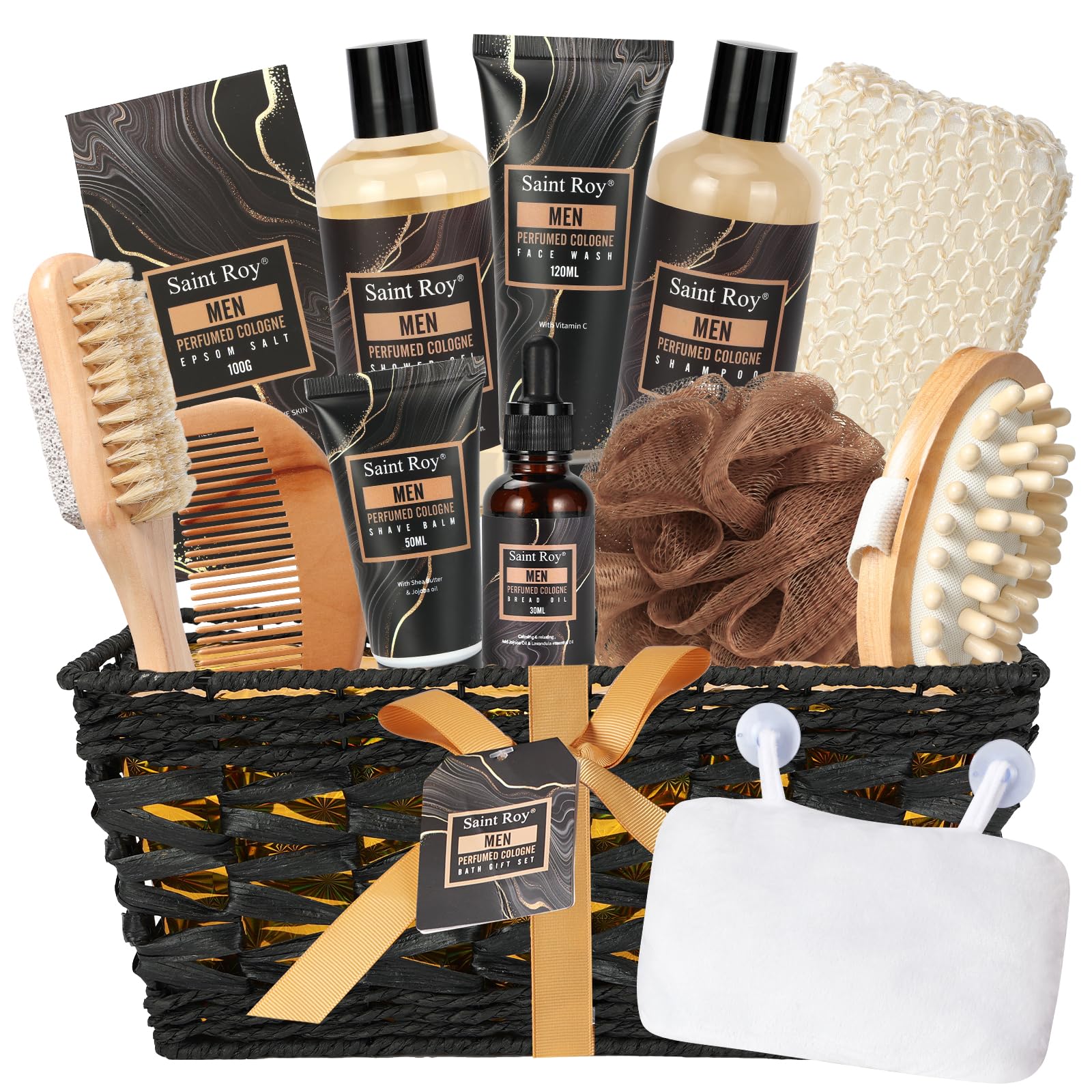 Sponsored Ad - Fathers Day Christmas gift for Men Dad Bath Perfume Gift Set, 14 Pcs Spa Basket with Classic Perfume kit, Personal Self Care Shaving Kit Relax Included Scubber, Beard Oil, Bath Pillow, Valentines Day