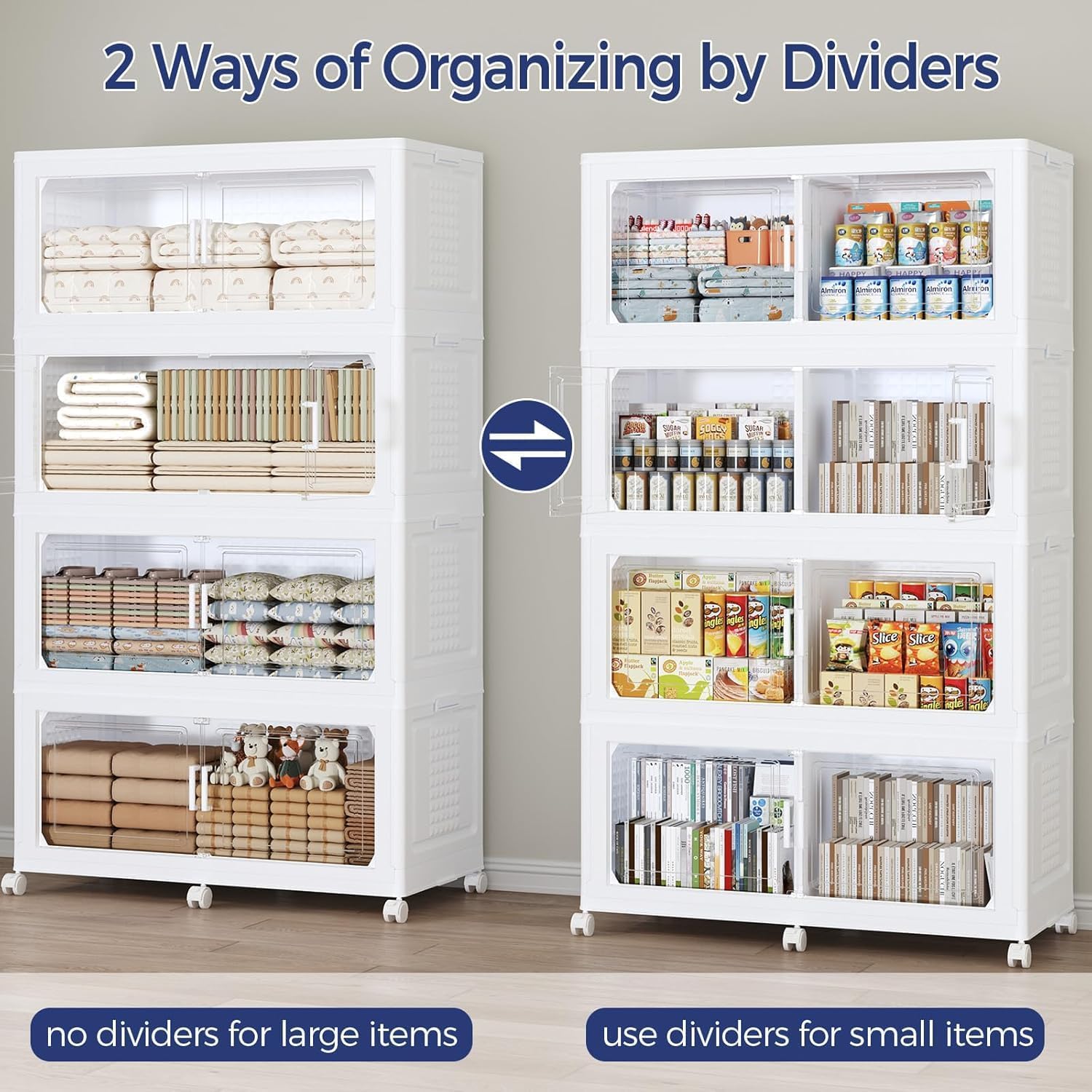 250Gal Stackable Storage Bins with Lid 5-Tier Collapsible Cabinet Closet Organizer Box with Wheels, 1000QT Large Plastic Drawer Container with Doors for Clothes Kitchen Organizing, White