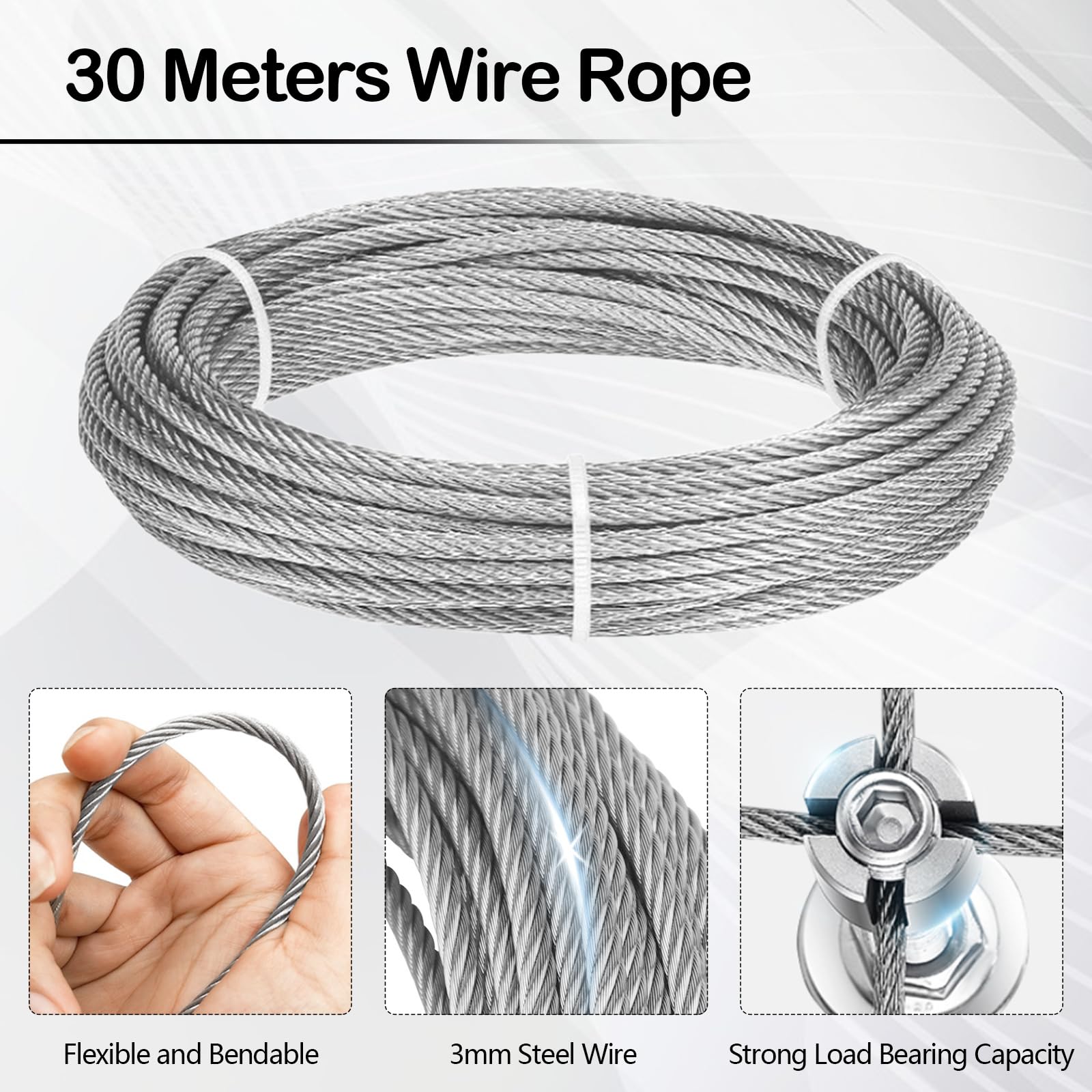 30M Tutor para Plantas Trepadoras, Cable de Acero Inoxidable T316 Sus de 3 mm, Kit Completo con Cortaalambres, Guantes Resistentes a la Abrasión y Accesorios de Enrejado para Vides y Flores