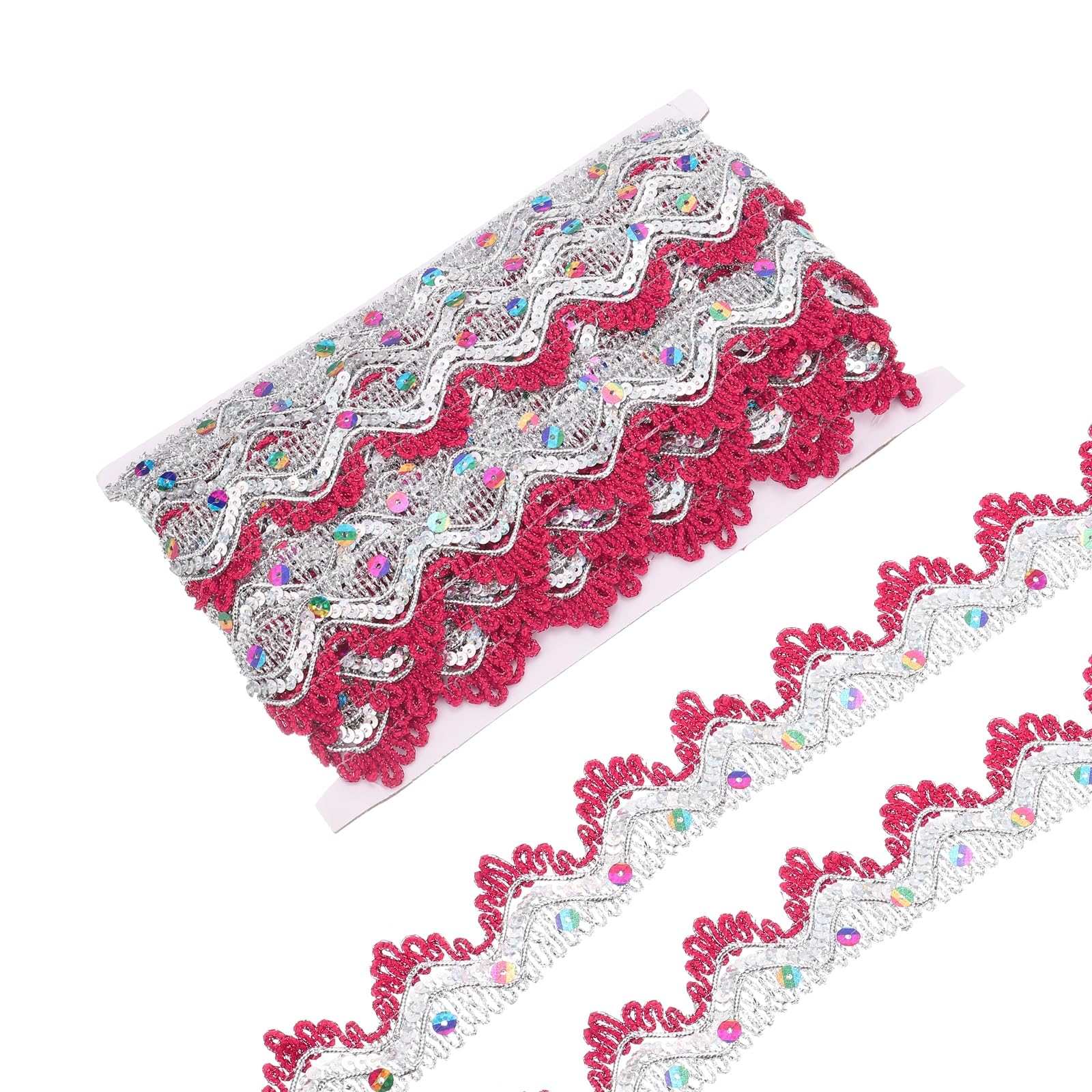 sourcing map 10 Yard Sequins Beaded Lace Trim 1.5 inch Scalloped Braid Trim Strip for Crafts, Embellishments, Costume, Rose Red,Silver