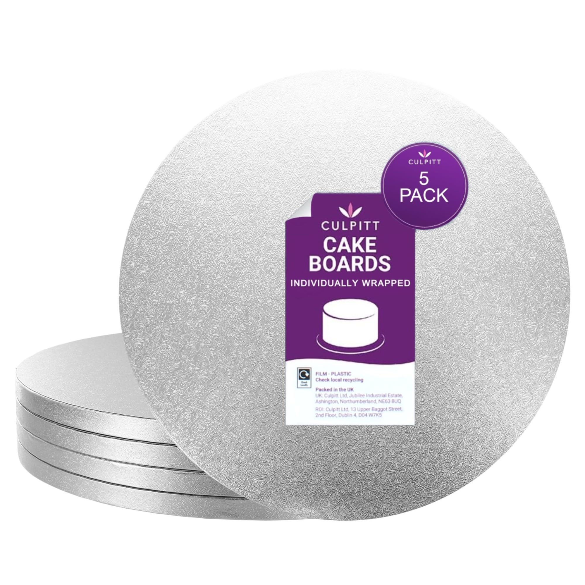 Culpitt 10" Cake Board | 5 Pack | Individually Wrapped Cake Drums, Silver Fern, 10 Inch (254mm) Round, 12mm Thick, (Pack of 5 Boards)