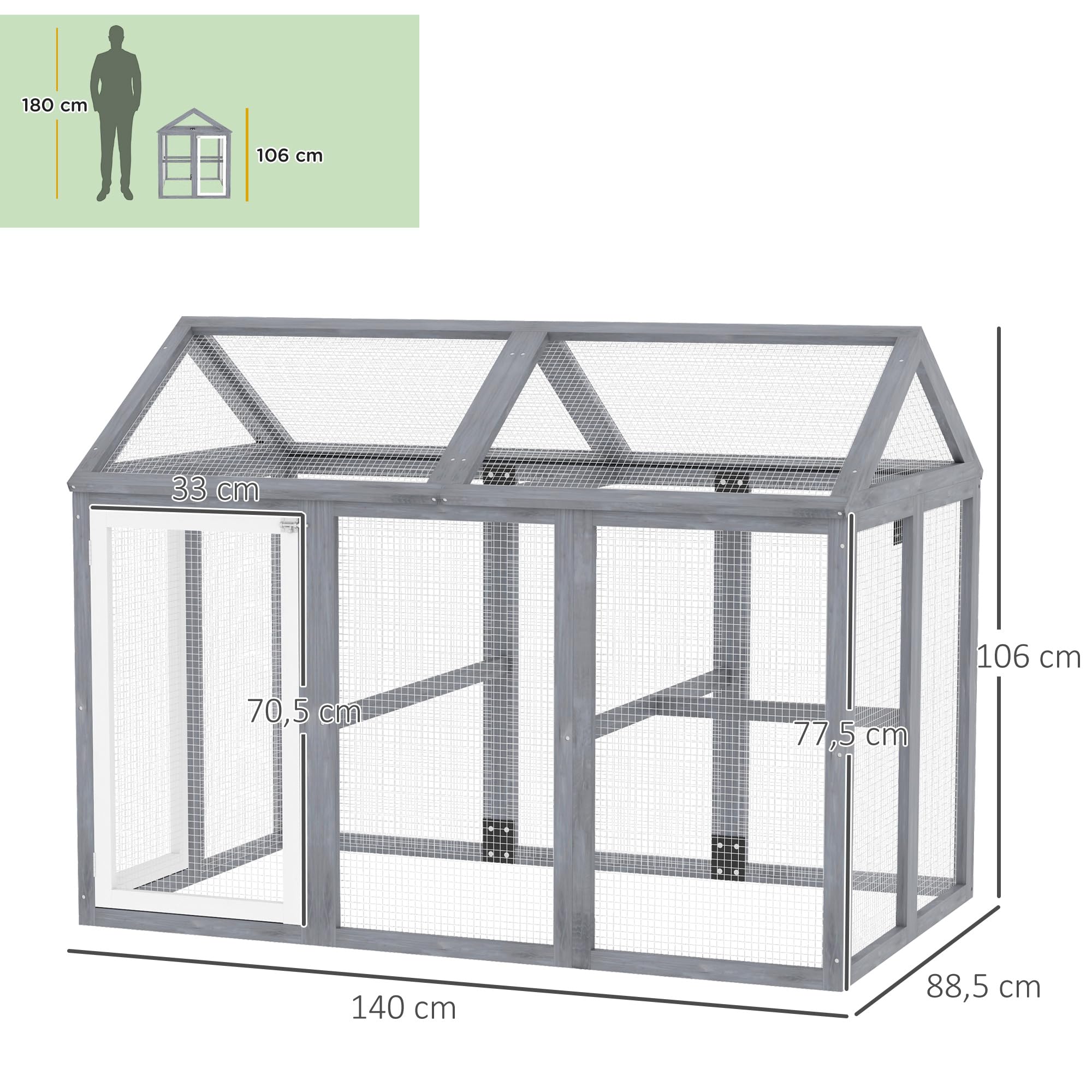 PawHut Enclos Poulailler 1,18 m² pour 1-3 Poules 140x88,5x106cm Gris | Parc à Poule Grillagé, Porte Verrouillables, Cadre en Bois Massif, Volière