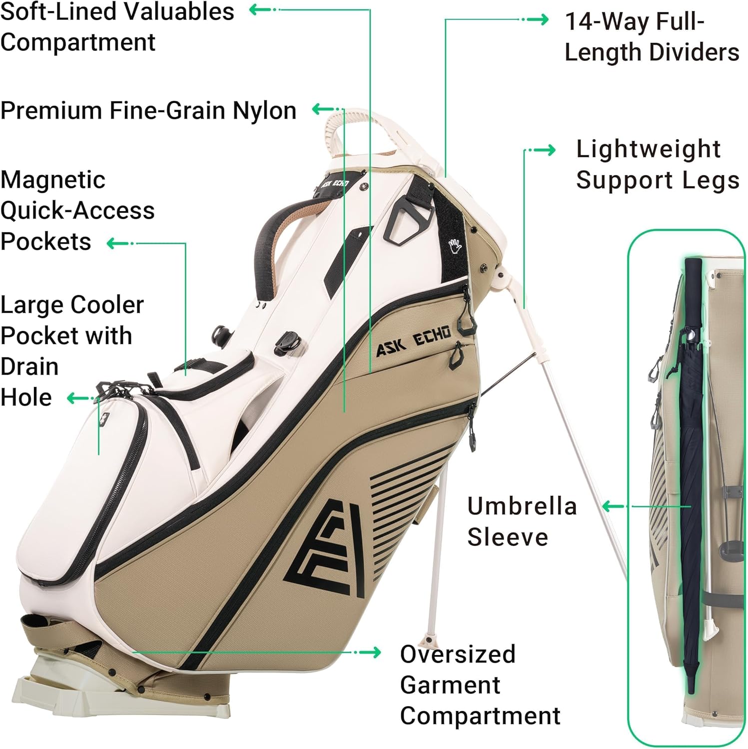ASK ECHO T-Lock 14-Way Dividers Hybrid Stand Bag with Putter Clip