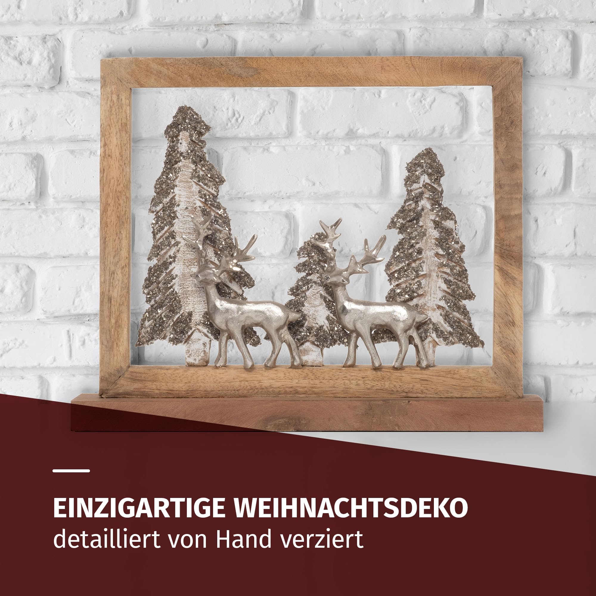 Moritz Dekoracja bożonarodzeniowa z jeleniem z drewna mango i aluminium, 41 x 8 x 33 cm, figurka dekoracyjna 3D w drewnianej ramie, zimowa dekoracja stołu z błyszczącymi drzewkami, szlachetne