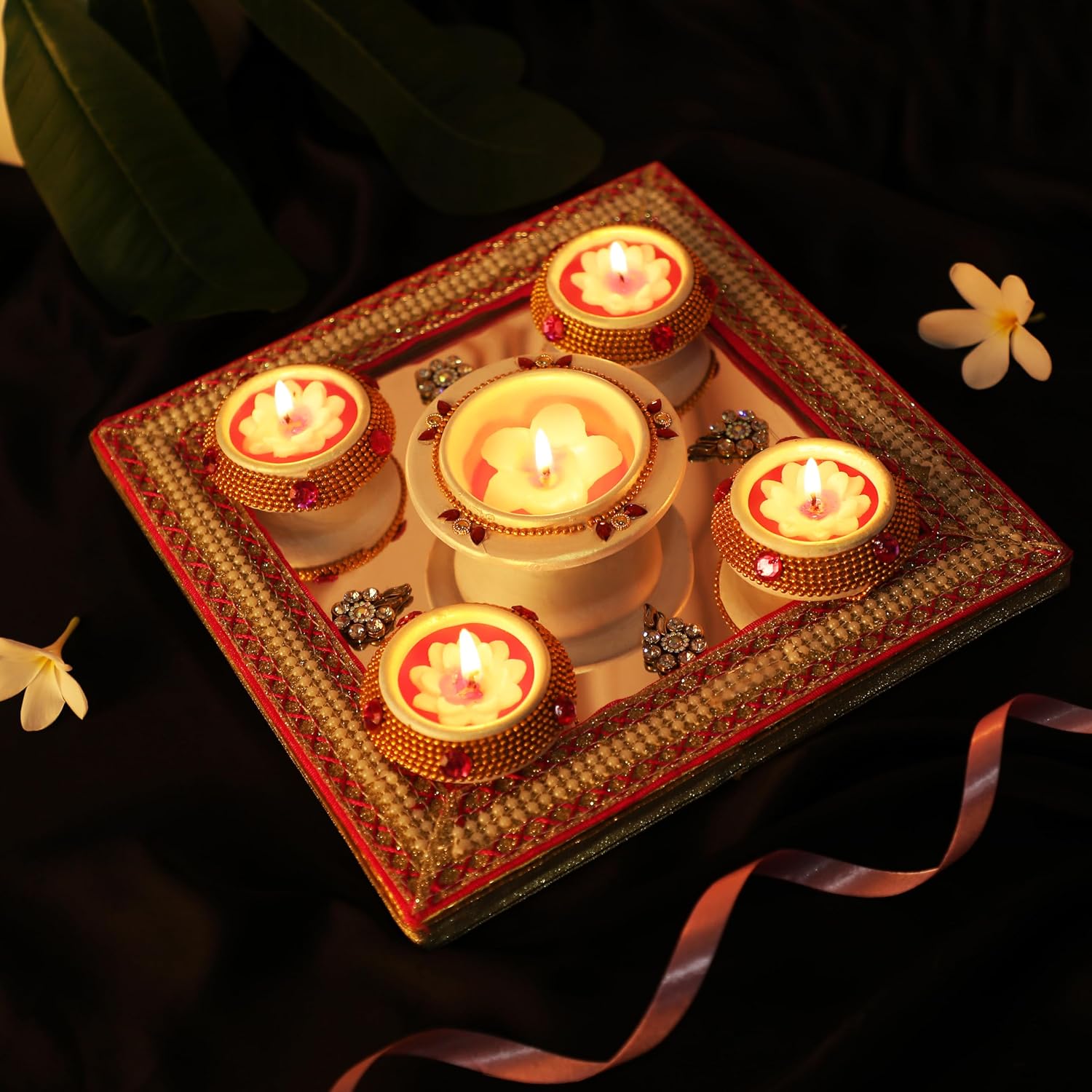 5 Pc Set Large Size Pink and White Decorated Clay MATKI Wax Filled Diya | Diwali Pooja Handmade Dia | Terracotta - Natural EARTHEN Diya - Handpainted with MDF Gift Package