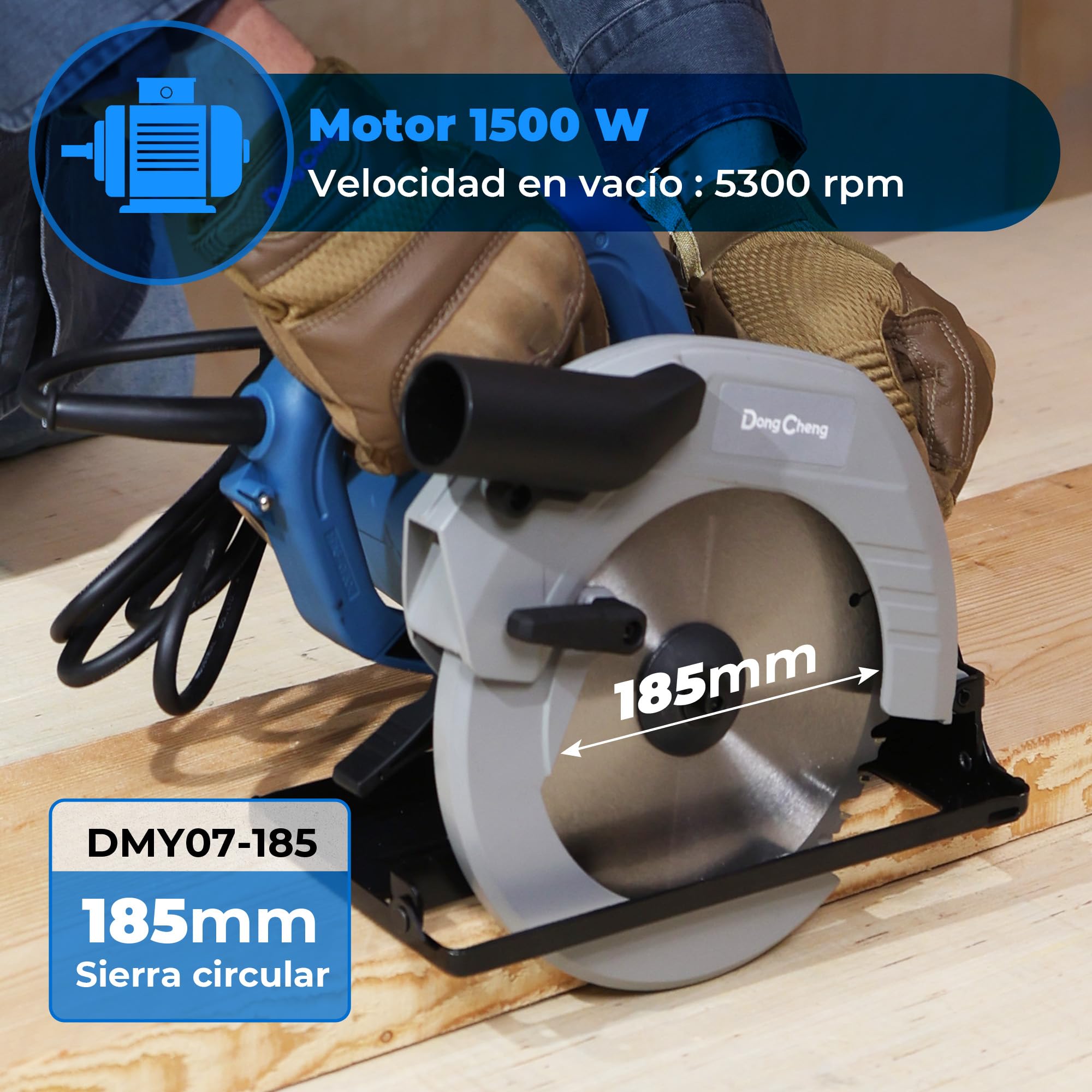 DongCheng Sierra Circular 1500W, Ø185mm, Profundidad de Corte 64mm, 5300 rpm, Inclinación 0-45°, 3 Hojas de Sierra, con Cable | 5300 rpm con 3 hojas de sierra de carburo (24T/40T), tope paralelo y aspiración de polvo para carpintería precisa