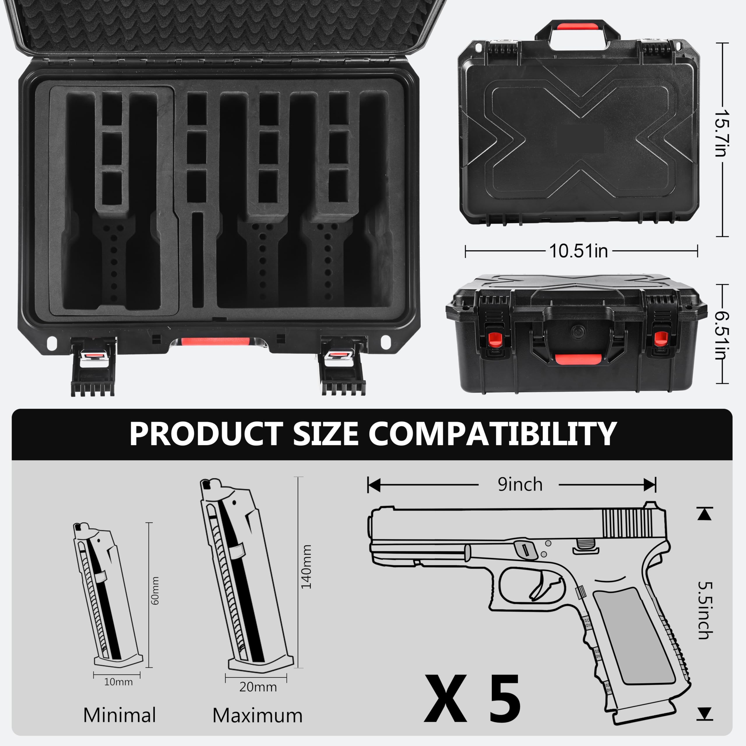 Pistolenkoffer Waffenkoffer für Handfeuerwaffen 5 Pistolen & 12 vorgeschnittene Mehrfachpistolen Stoßfeste wasserdichte harte Pistolenkoffer mit Trockenmittel tsa zugelassener Schusswaffen-Reisekoffer