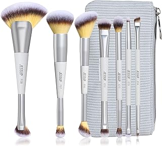 Jessup Makeup Brushes Set 7pcs Dual Ended Makeup Brush Premium Synthetic Foundation Contour Blush Highlight Blending Eyebrow Eyeshadow Shader Concealer Brush with Bag, Quiet Gray T520