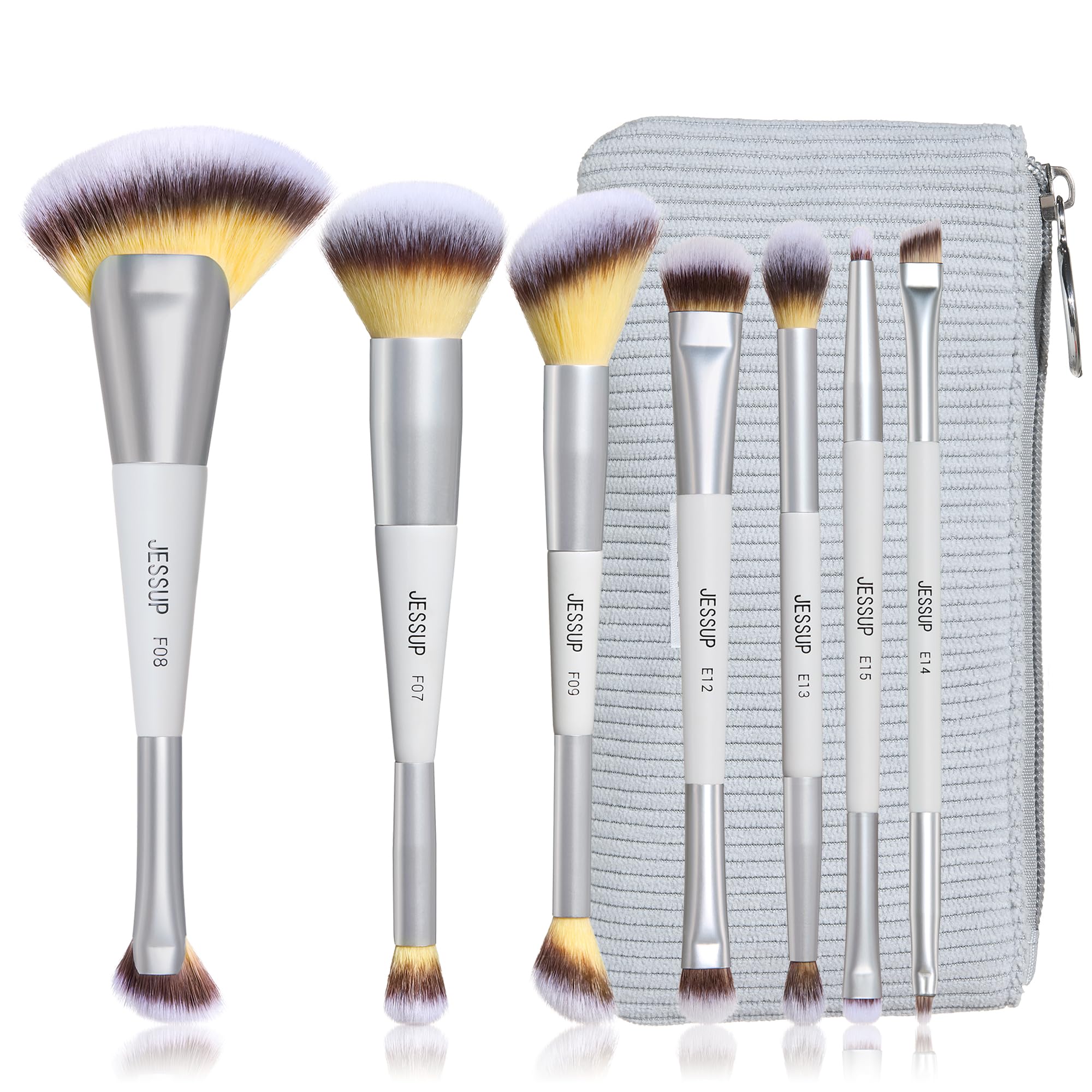 Jessup Pinceaux Maquillages Double Embout Set de 7 Pinceau Maquillage pour Fond de Teint, Contour, Rougir, Illuminateur, Sourcils et Fard à Paupières avec Pochette, Quiet Gray T520