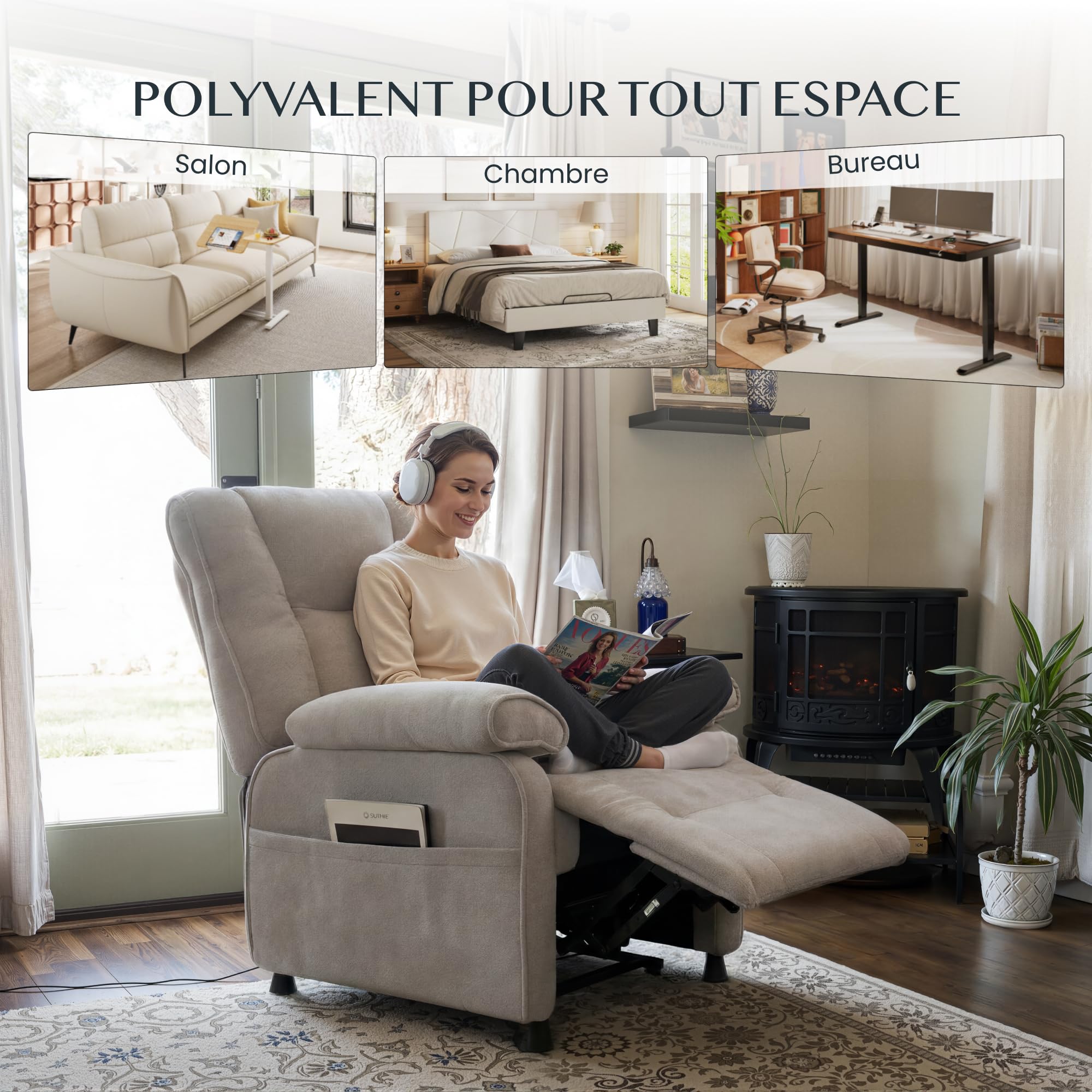 FLEXISPOT Elektryczny fotel relaksacyjny 95°–155° – 155°, uchwyt 150 kg, ergonomiczny fotel telewizyjny z podnóżkiem, regulowane oparcie, gruba wyściółka, kieszeń boczna, jasnoszary