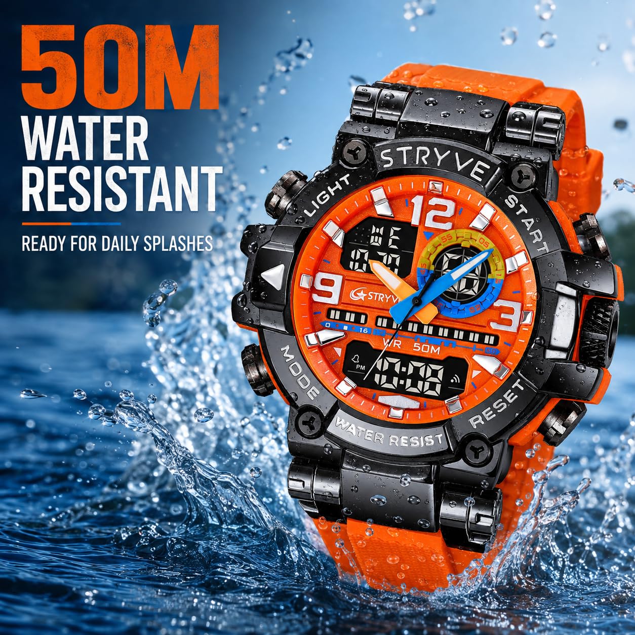 MASTOP Montre de sport colorée pour homme - Grand cadran - 55 mm - Étanche jusqu'à 50 m - Étanche jusqu'à 50 m - Style militaire - Affichage de la date - Alarme LED - Robuste - Pour l'entraînement, la