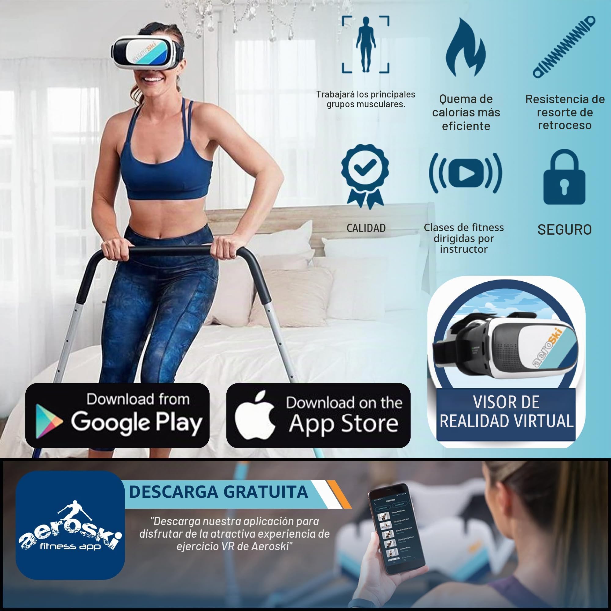Aeroski - Máquina de entrenamiento de simulador de esquí con resistencia de resorte, 2 postes y gafas VR, equipo de ejercicio elíptico de bajo impacto