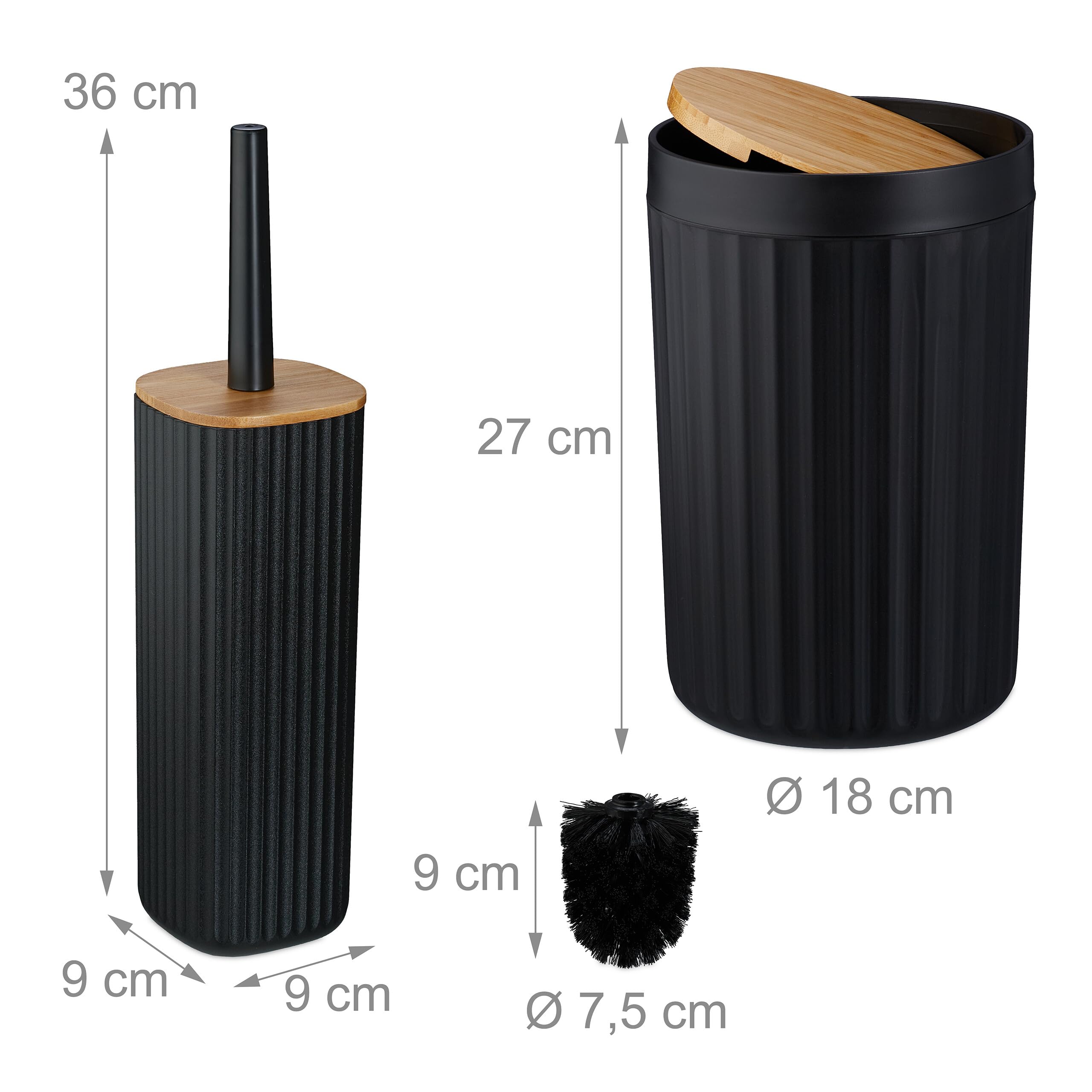 Relaxdays Lot de 6 Accessoires pour la Salle de Bain, Plastique et Bambou, Set Pratique, Noir et Nature