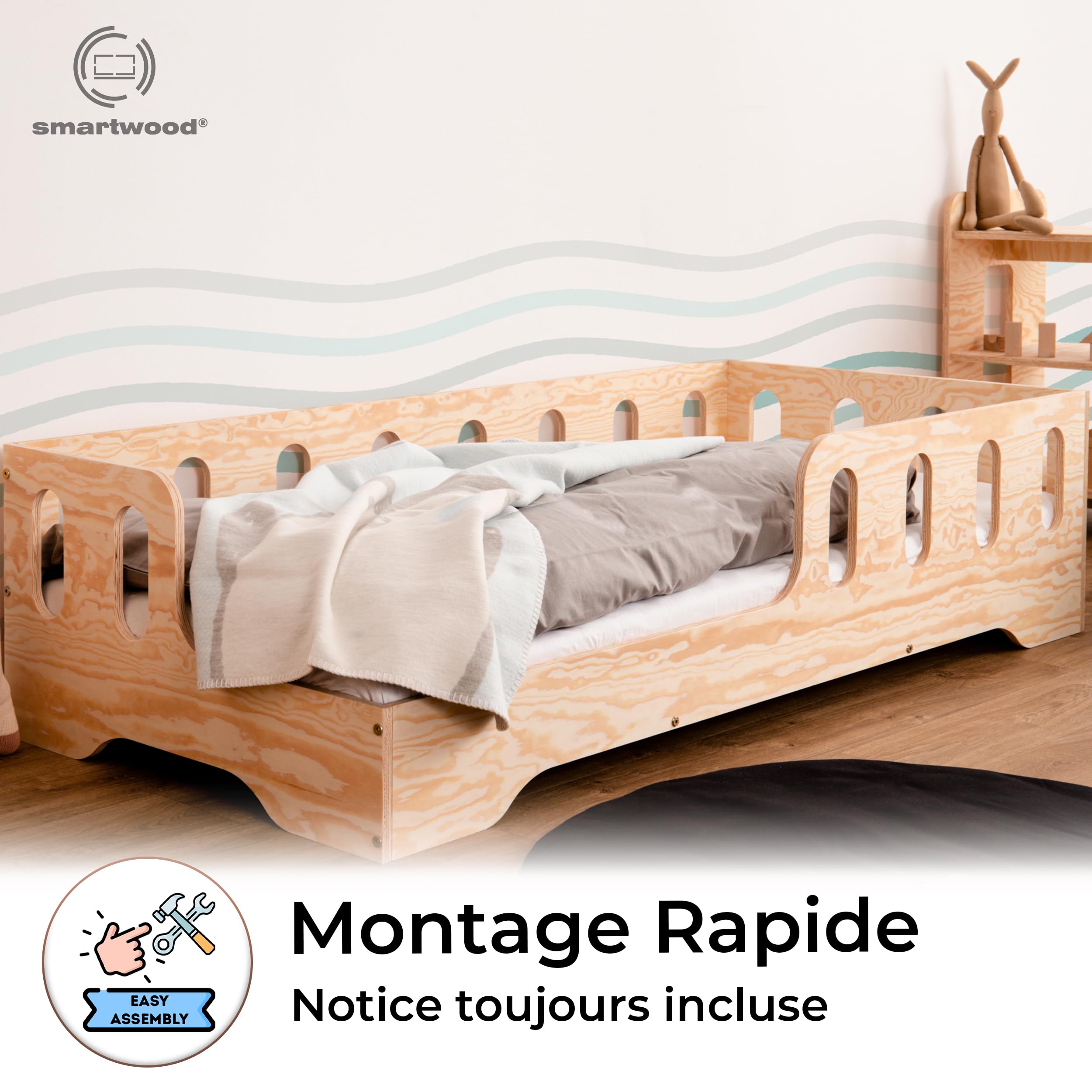 Smartwood Lit Enfant 60x120 avec Sommier Montessori TILA 1L Barrière de Sécurité Bois Naturel Certifié