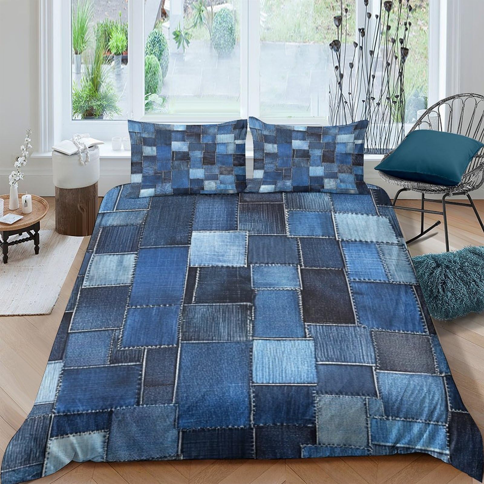 Ctjqhvkz Style-5 3D Printed Denim Patchwork Fitted Sheet Microfiber Blue Gradient Mattress Cover For Bedroom Guest Room Dorm Decor Single（135X200cm）