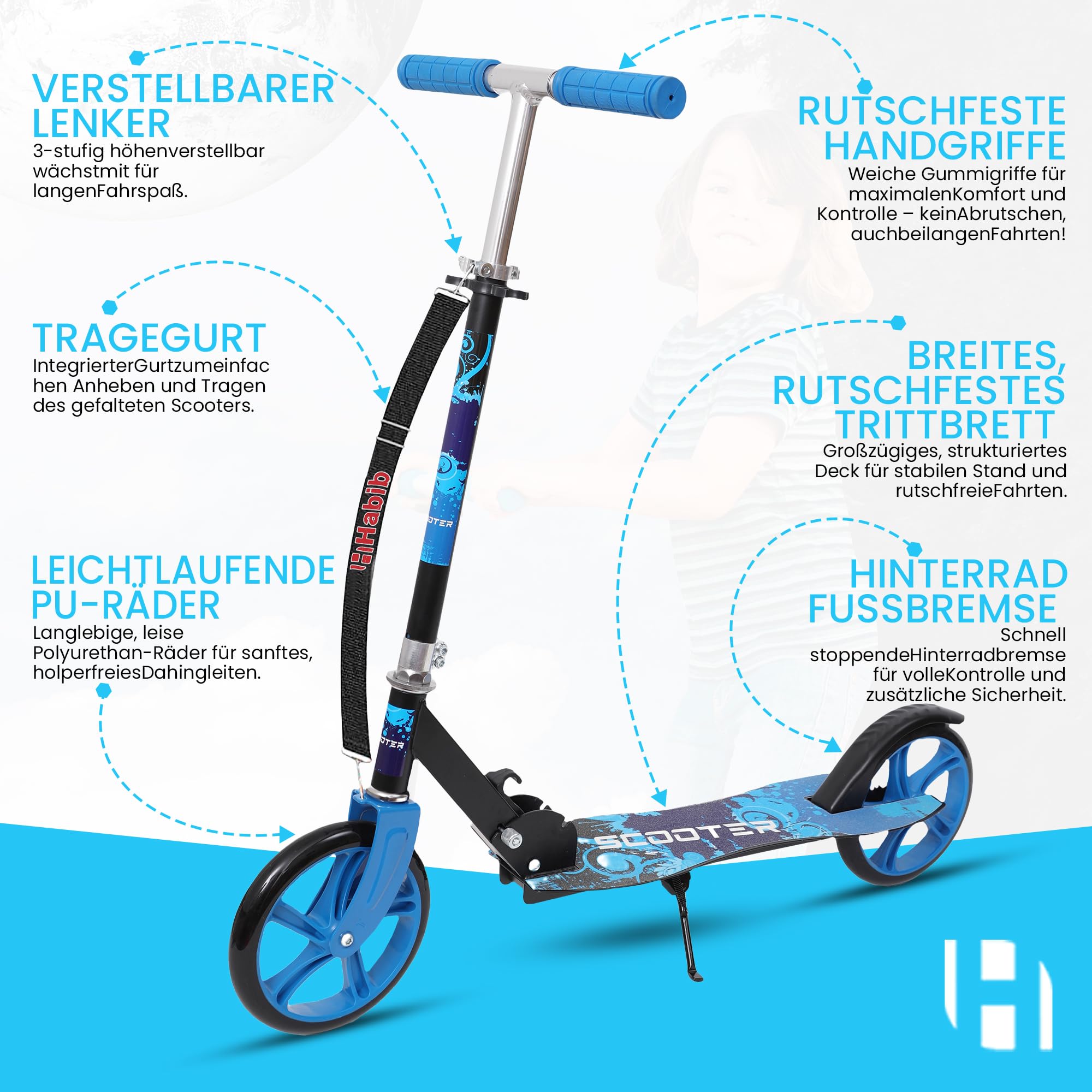 Habib Cityroller Tretroller Kinder ab 6 Jahre, XXL 205mm, klappbar, 100 kg