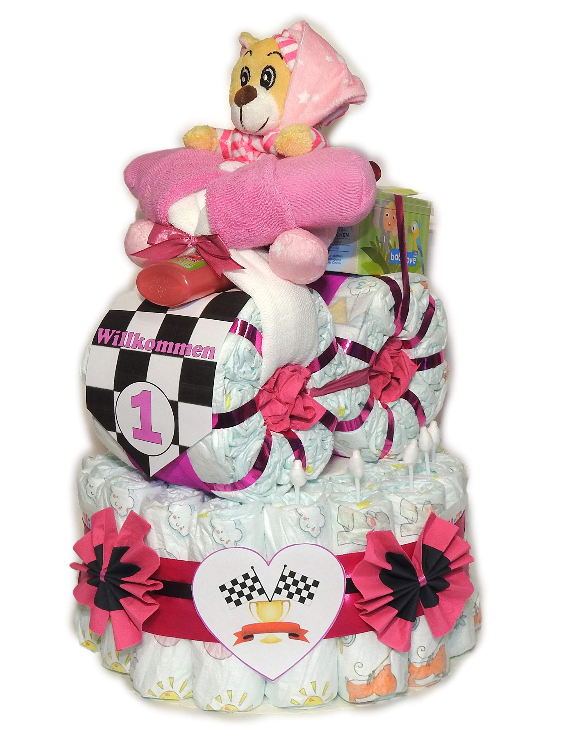 Windeltorte mit Motorrad | Motiv Rallye | Windelmotorrad rosa | Windelgeschenk Mädchen