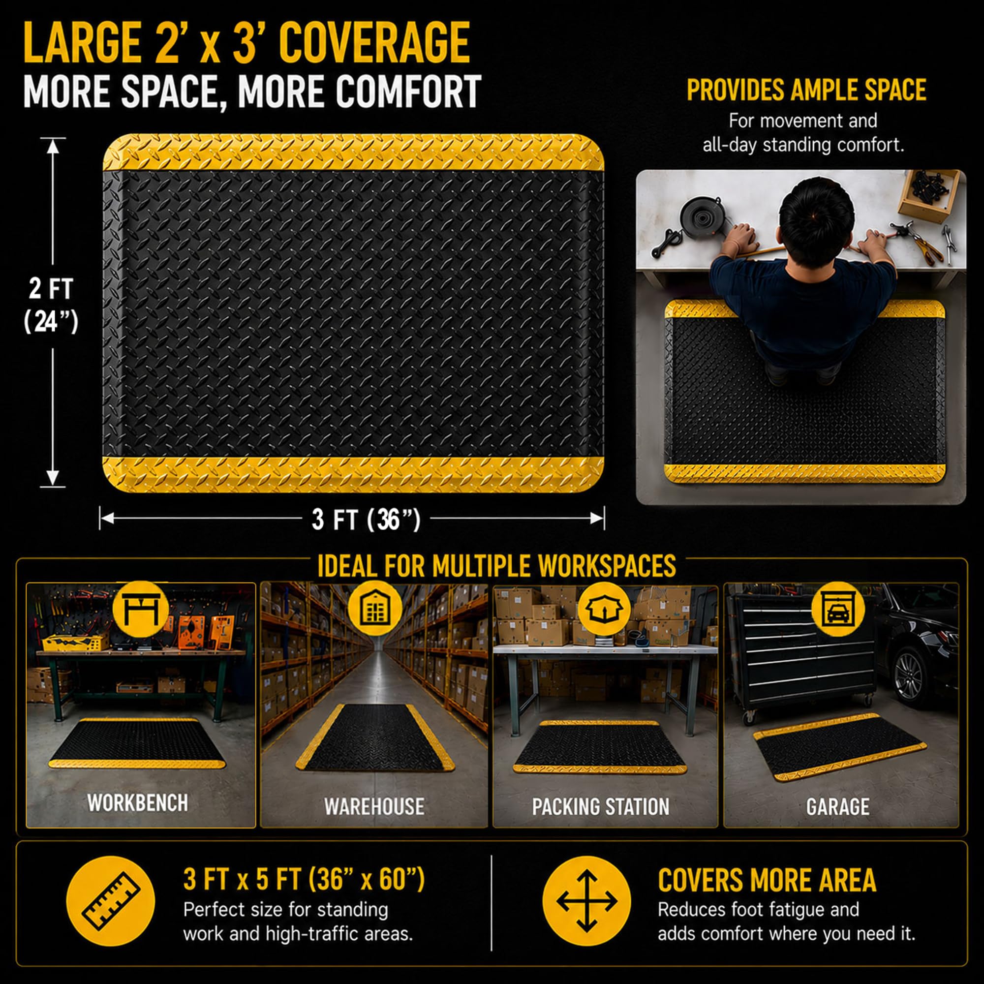 2 x 3 ESD Anti-Fatigue Conductive Mat Durable Heavy Duty Diamond Plate Non Slip Waterproof Floor Mats for Commercial&Industrial Work Thick 34 with Yellow Border product thumbnail 7