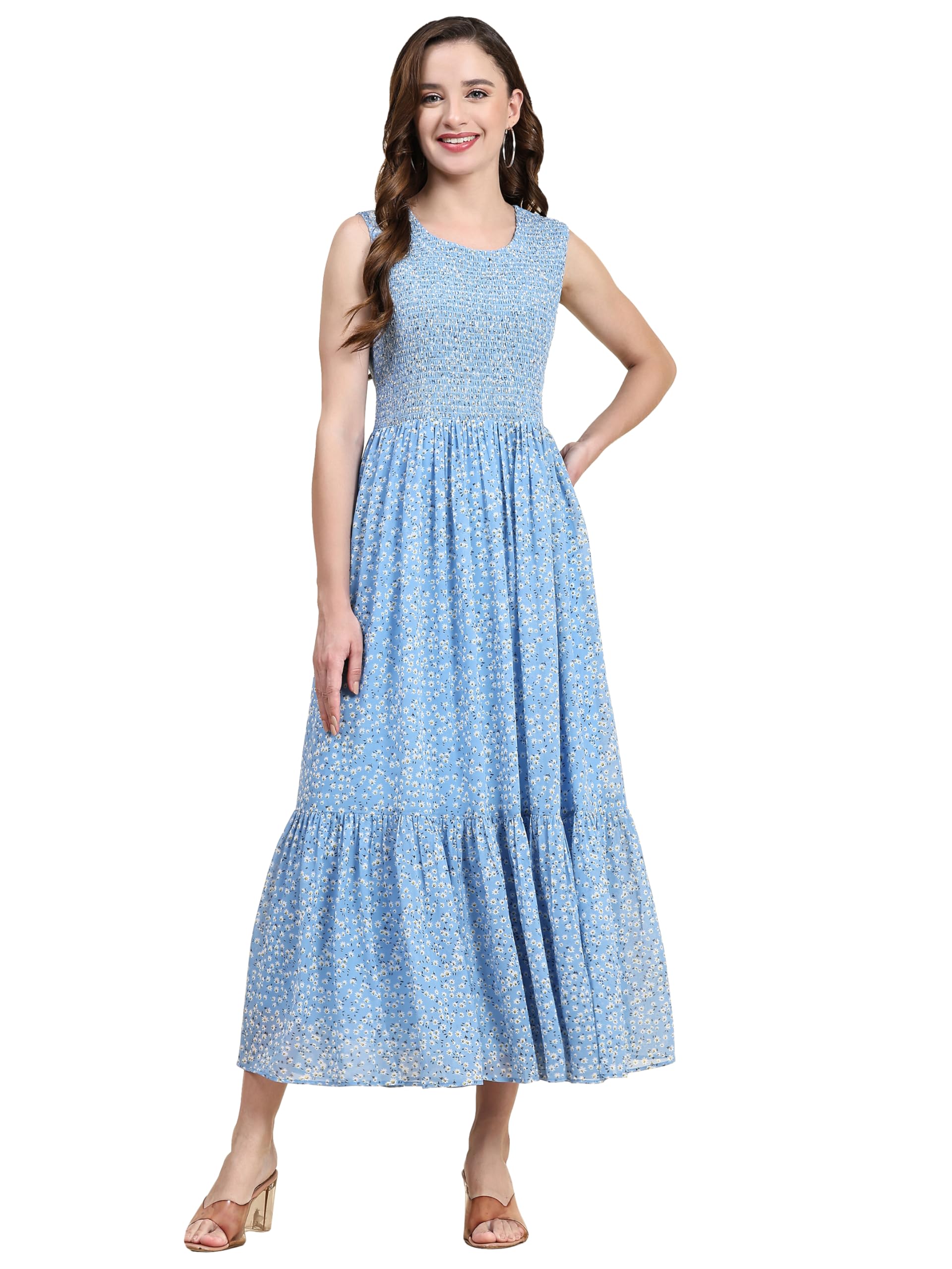 Toochki Women's Sky Blue Georgette Floral Tiered Western Dress | Dress For Women | A Line Dress | Winter Dress | Western Dress | Latest Women Dress | Trendy Dress | Midi Dress