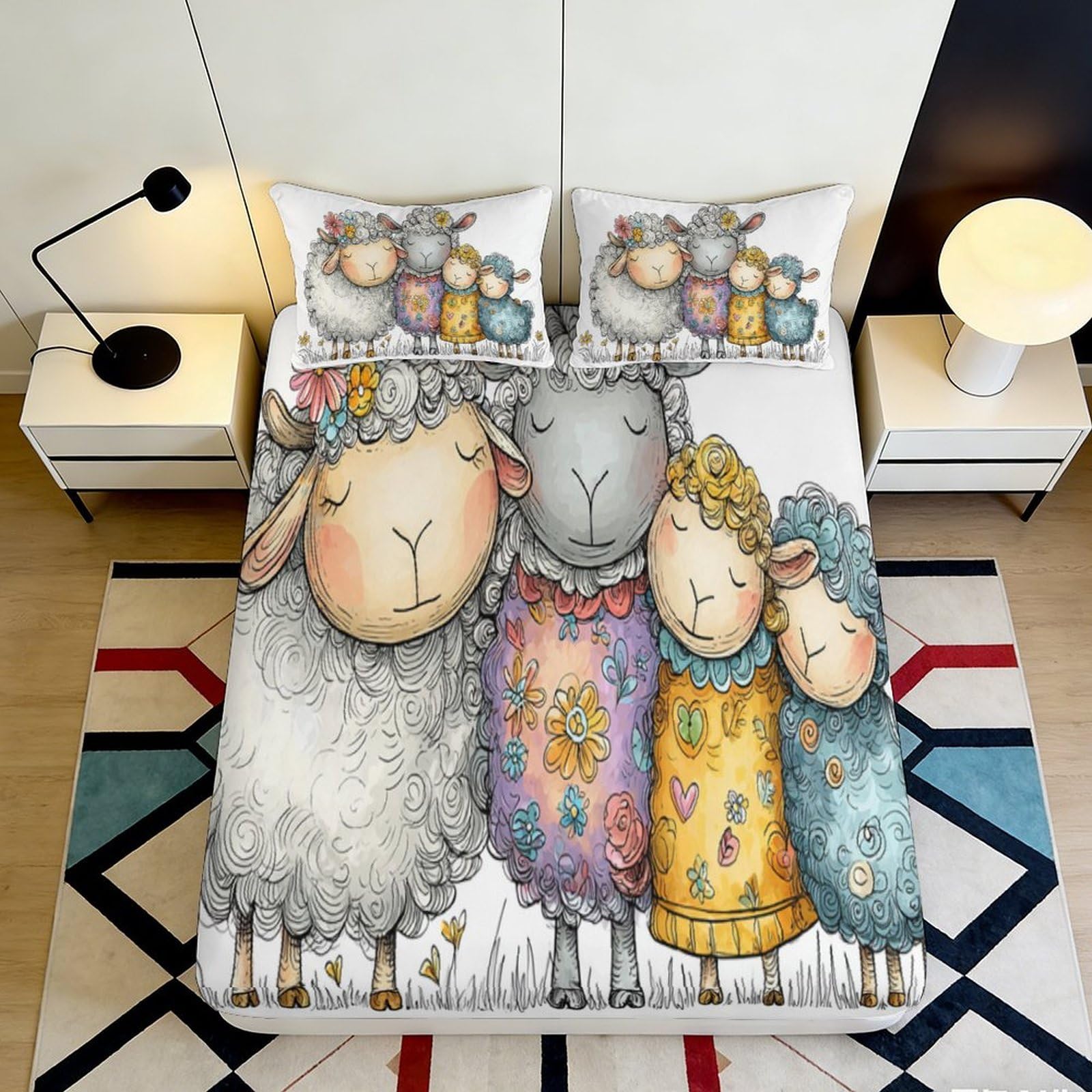 3D Printed Cute Sheep Fitted Sheet Microfiber Soft Breathable Colorful Lambs Bed Cover for Bedroom Dormitory Guest Room Mattress Protection Decor 180x200x25cm