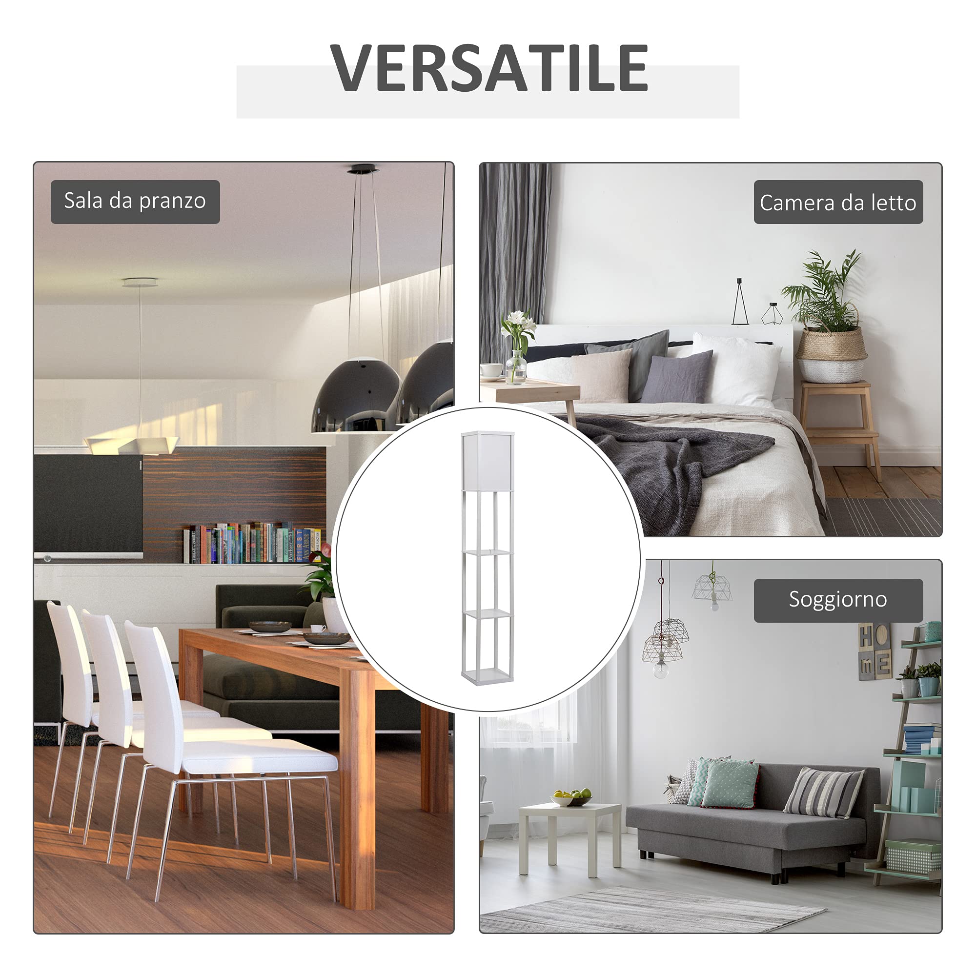 HOMCOM Lampada da Terra con 3 Mensole Integrate, Attacco E27 Potenza 40W, Arredamento Moderno in MDF, 26x26x160cm, Bianco