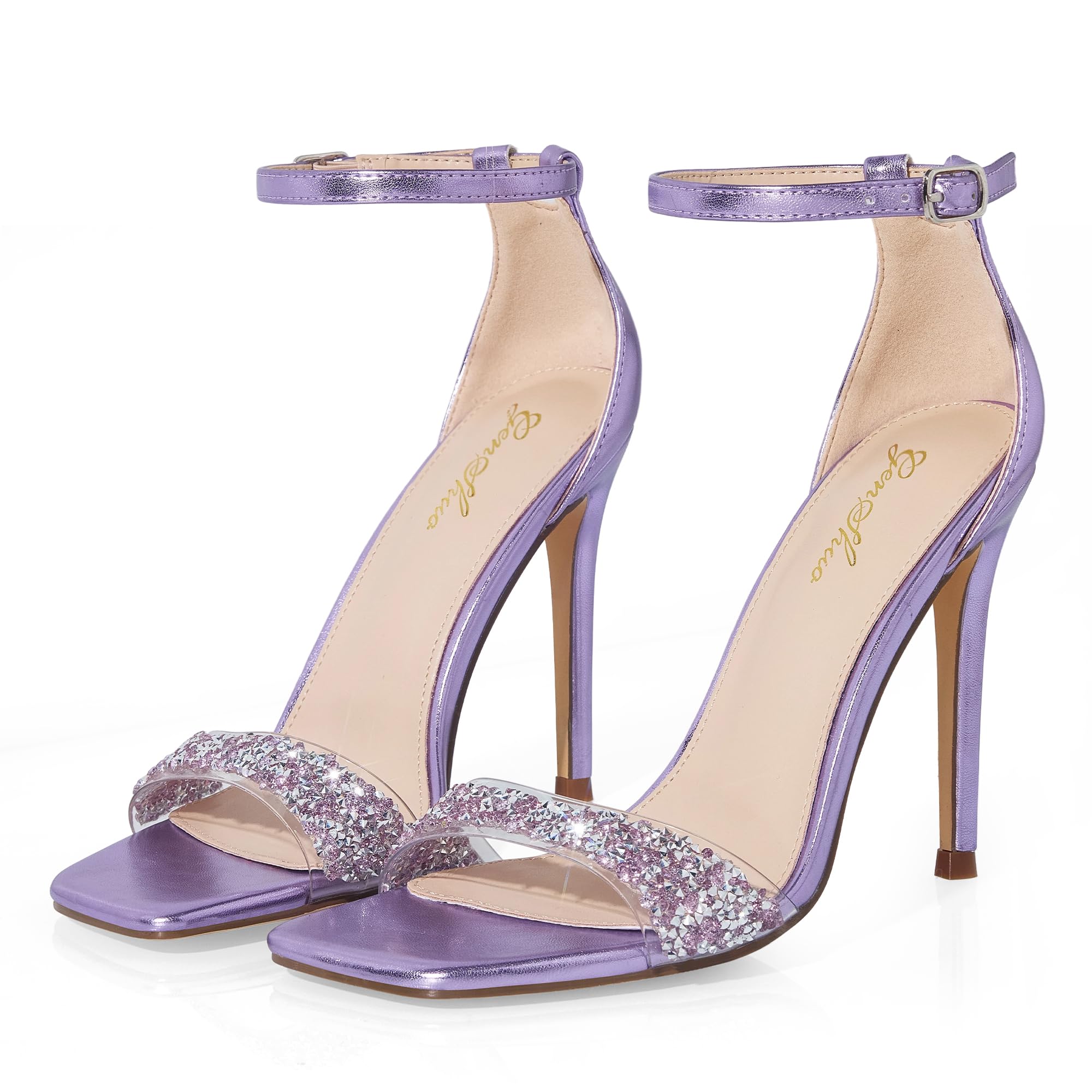GENSHUO High Heeled Sandals for Women One Strap Heels with Square Open Toe 4 Inch Stiletto Ankle Strap Shoes Elegant Sexy Dress Wedding Party